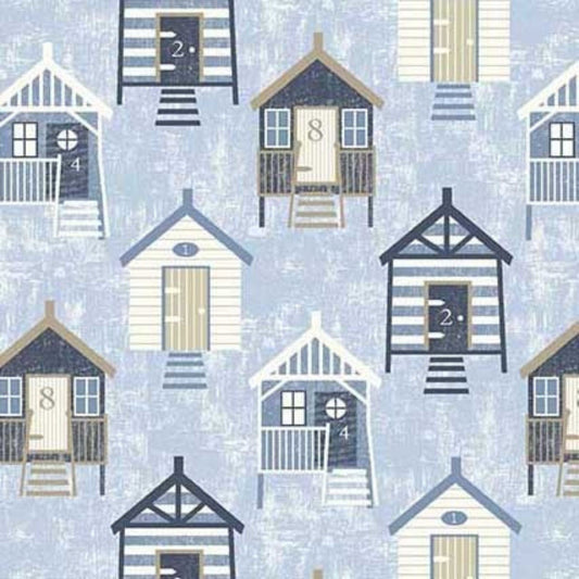 Fabric Beach huts on blue cotton fabric - Bon Voyage - Michael Miller