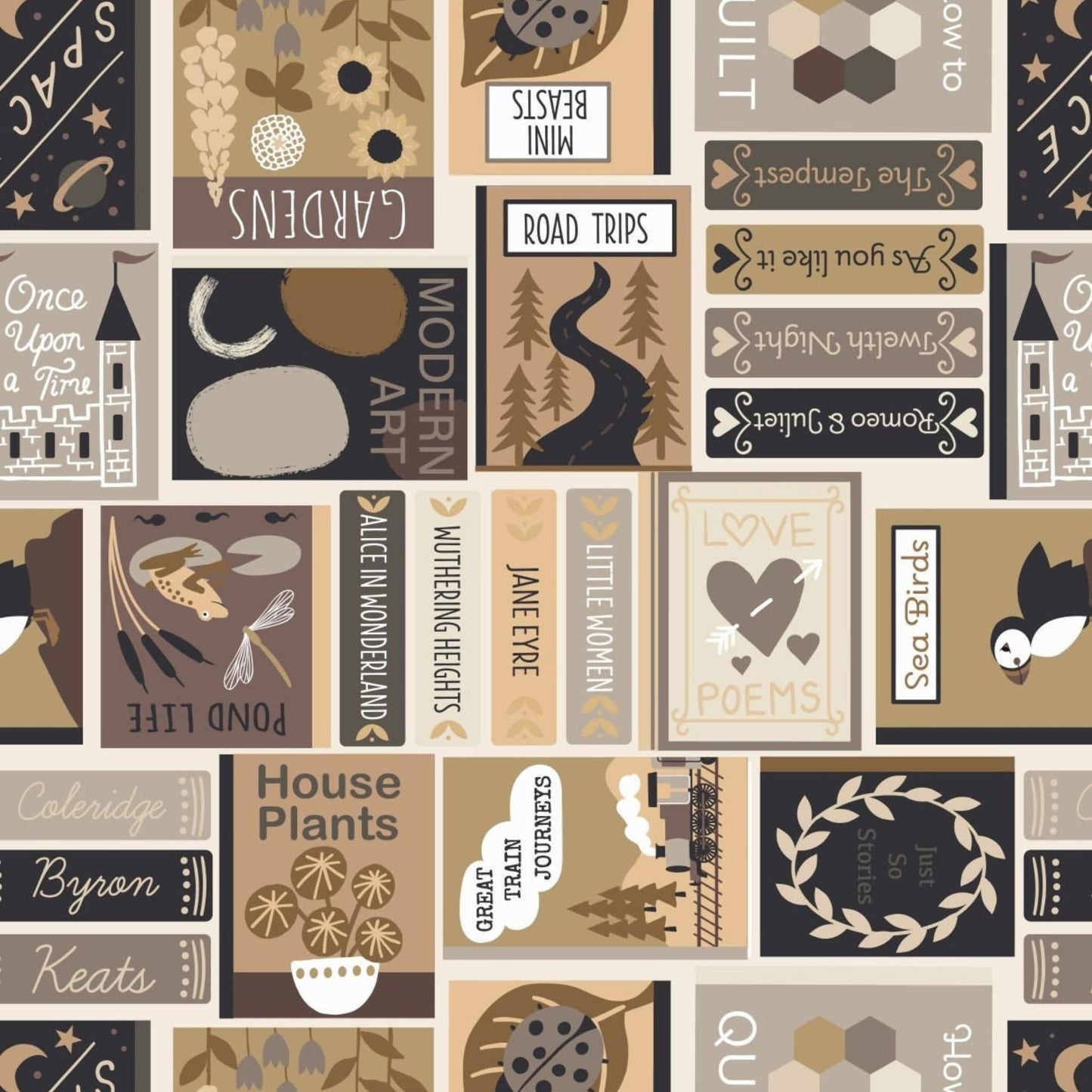 Fabric Book covers puffins in sepia filter effect cotton - 'Bookworm' by Lewis & Irene