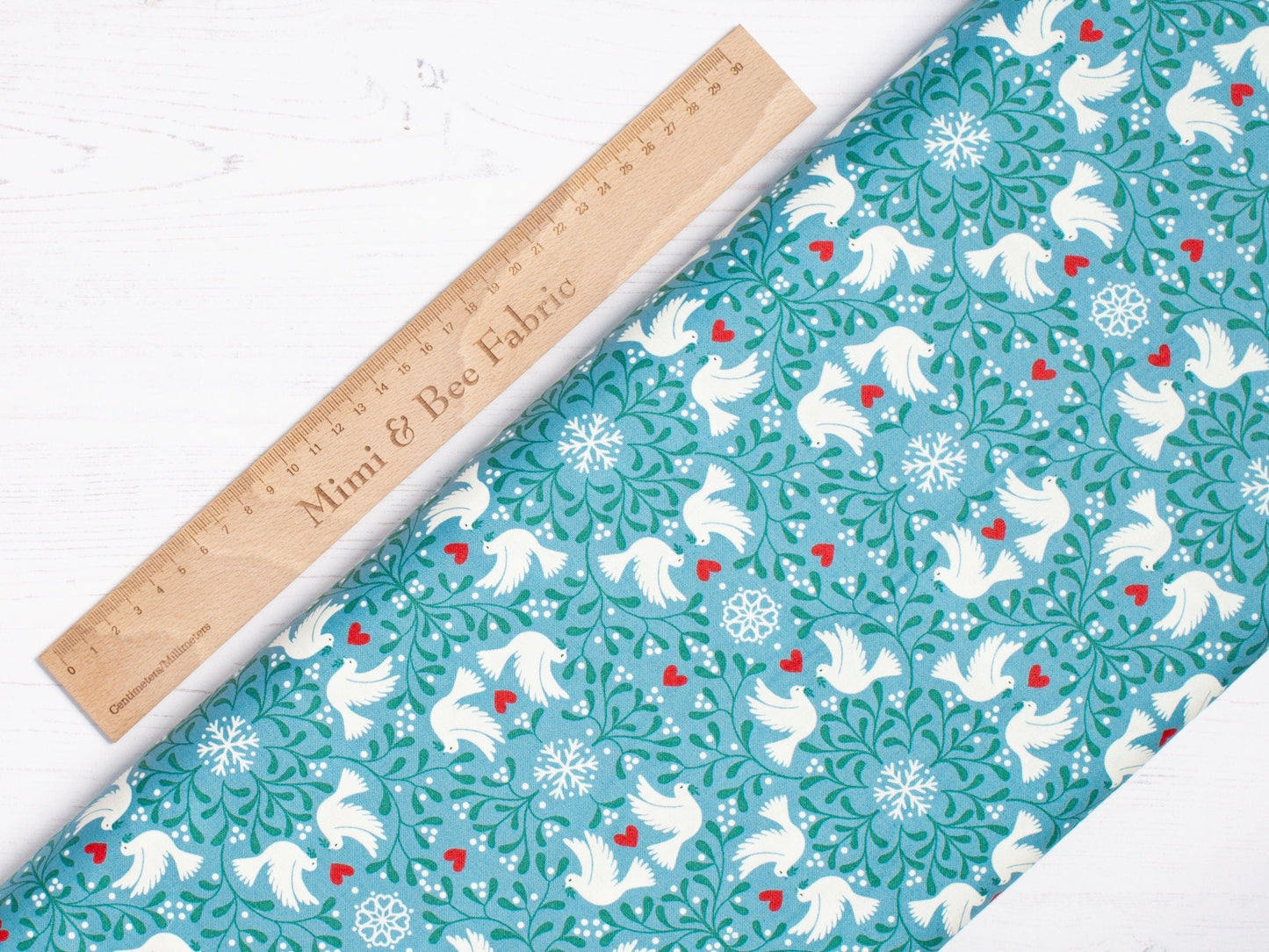Fabric Doves on blue cotton - 'Hygge Glow' in the dark - Lewis & Irene