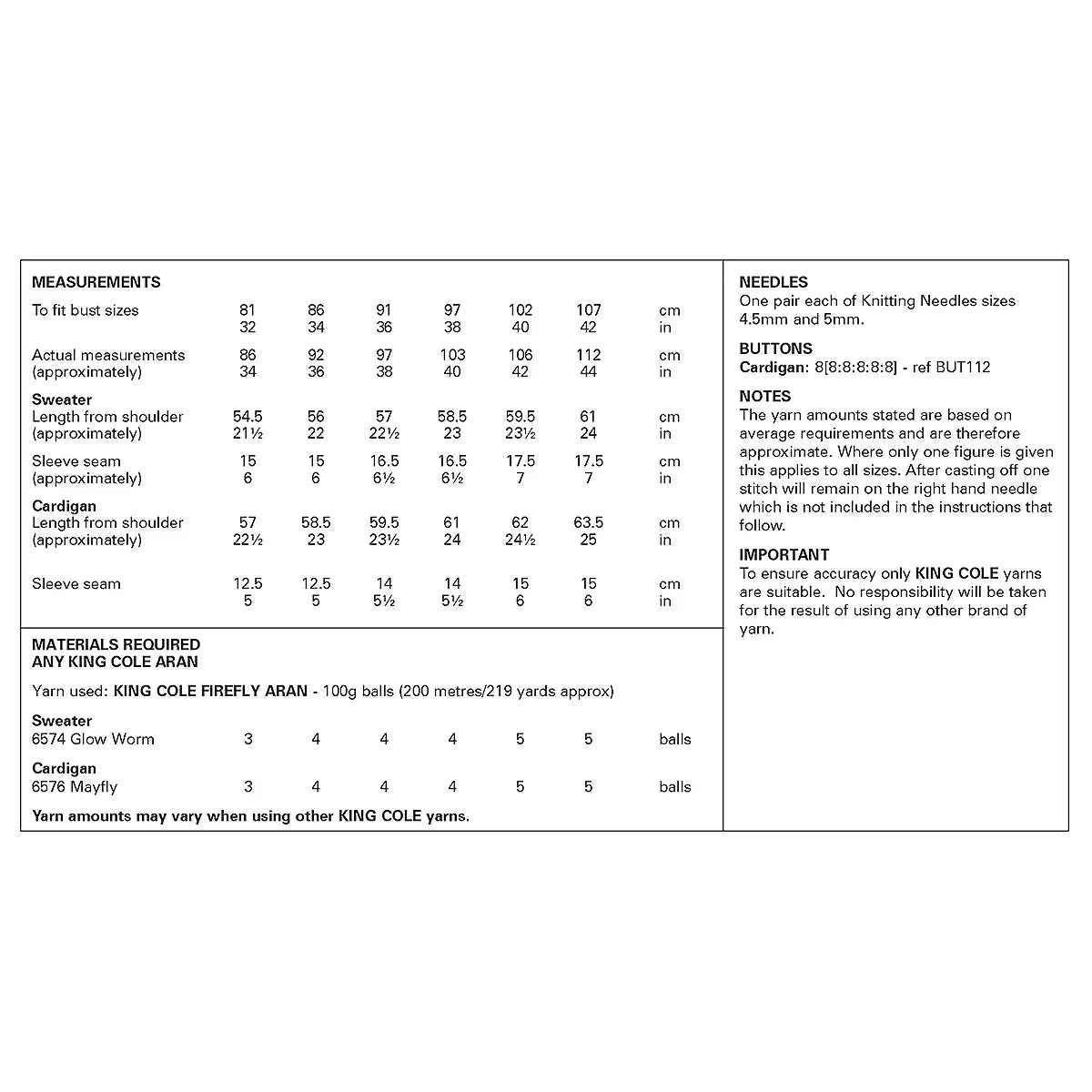 knitting pattern in Aran - King Cole 6444