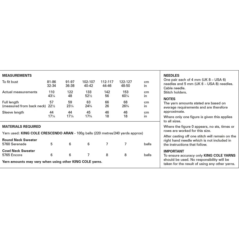 Ladies Sweater knitting pattern in Aran - King Cole 6225