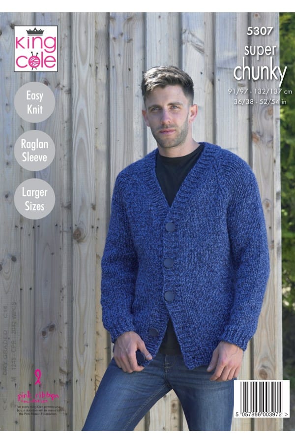Men's V Neck Cardigan & Sweater knitting pattern super chunky - King Cole 5307
