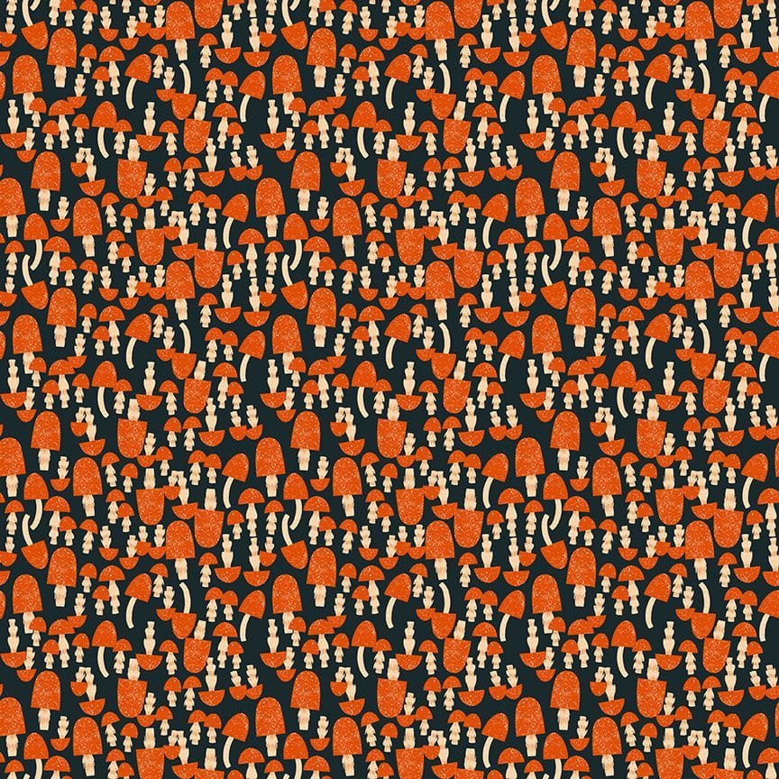 cotton fabric Orange mushrooms on black cotton fabric - Flora and Fauna - Dear Stella