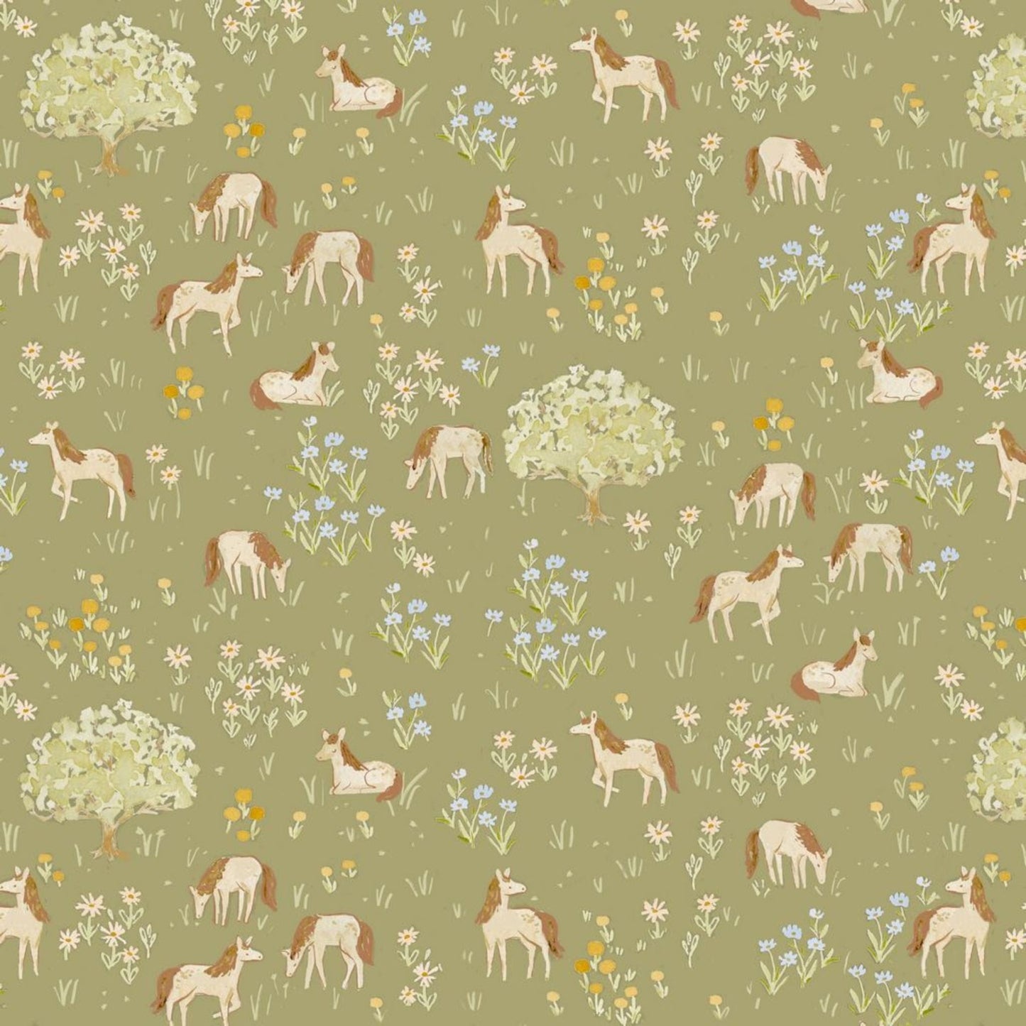Fabric Ponies on a green cotton fabric - Storybook Farm - Dear Stella