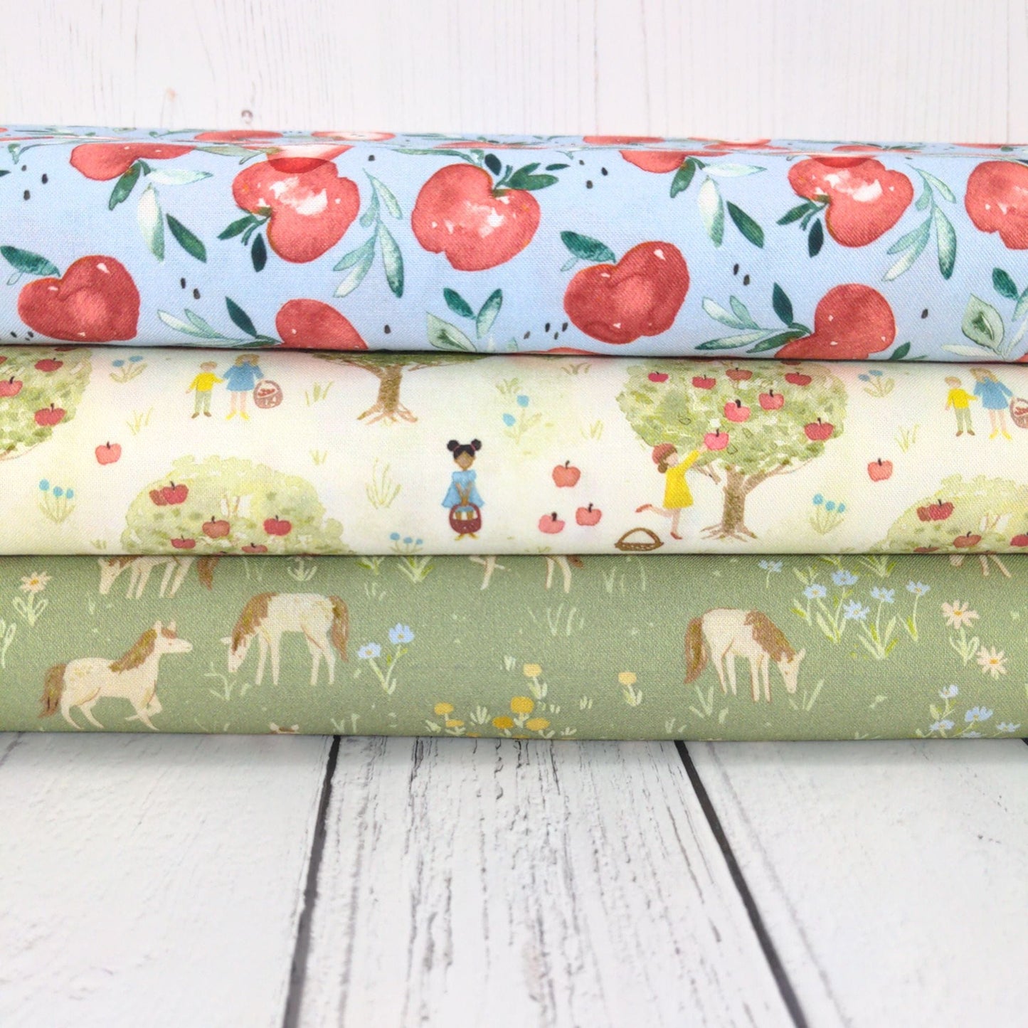 Fabric Ponies on a green cotton fabric - Storybook Farm - Dear Stella