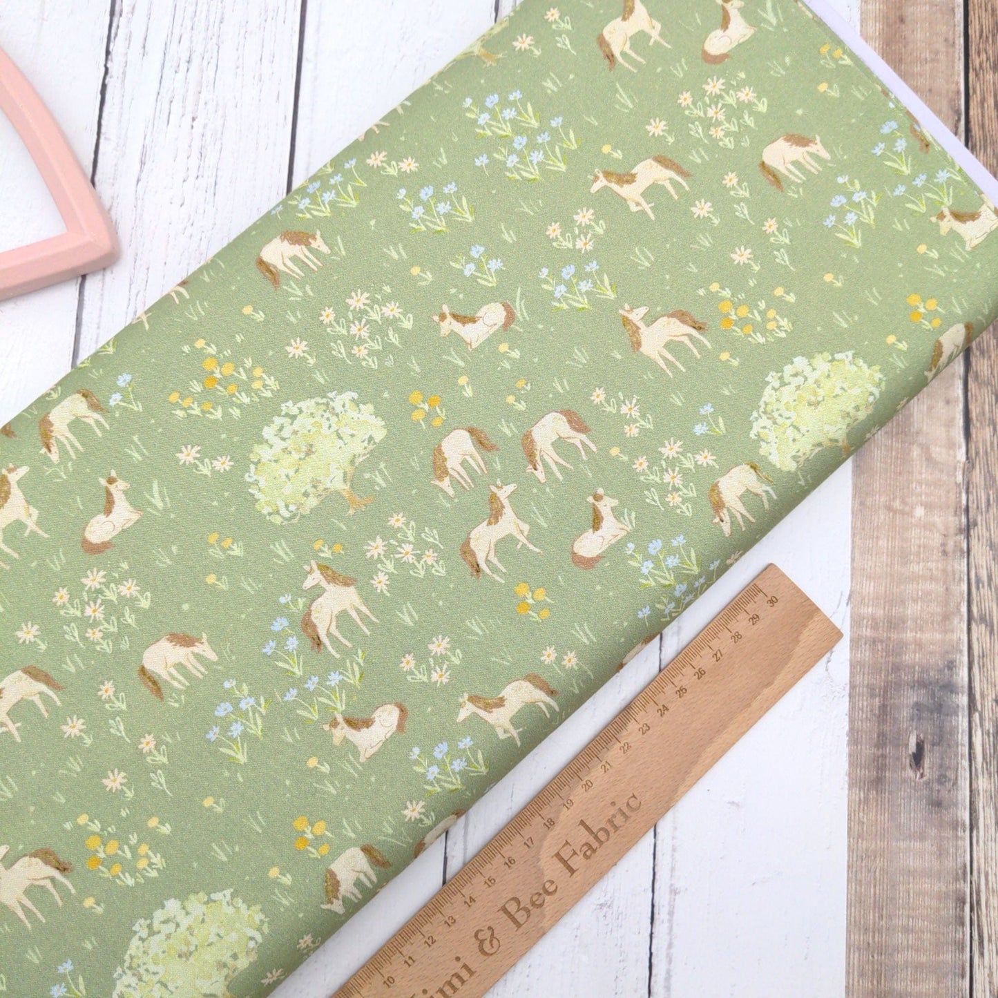 Fabric Ponies on a green cotton fabric - Storybook Farm - Dear Stella