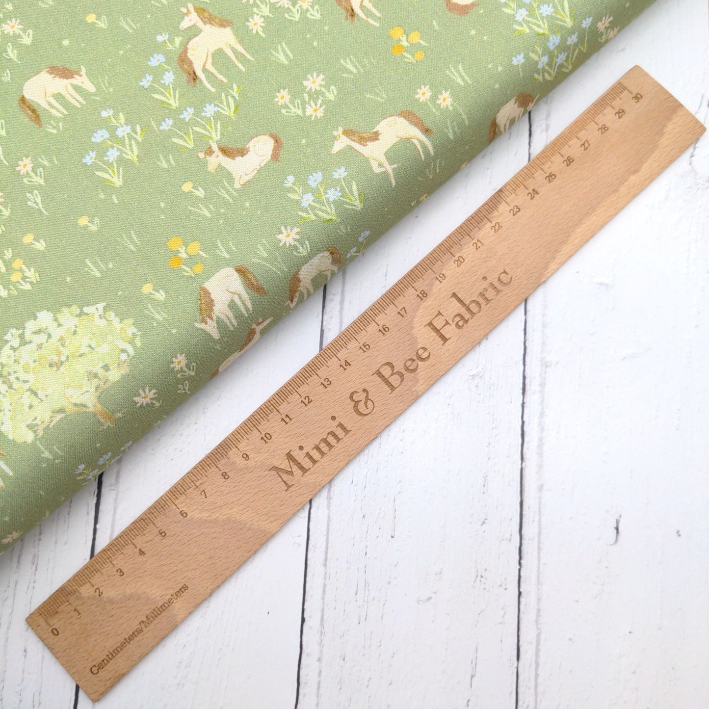Fabric Ponies on a green cotton fabric - Storybook Farm - Dear Stella