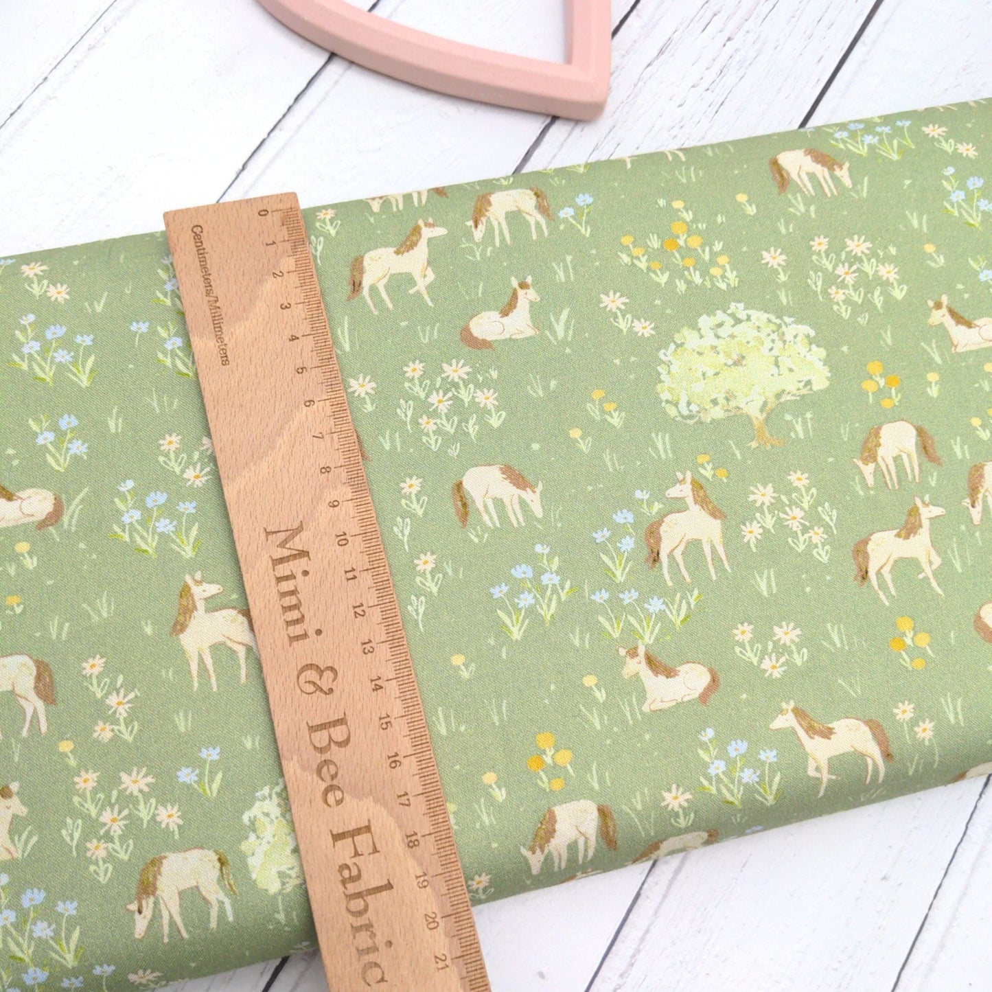 Fabric Ponies on a green cotton fabric - Storybook Farm - Dear Stella