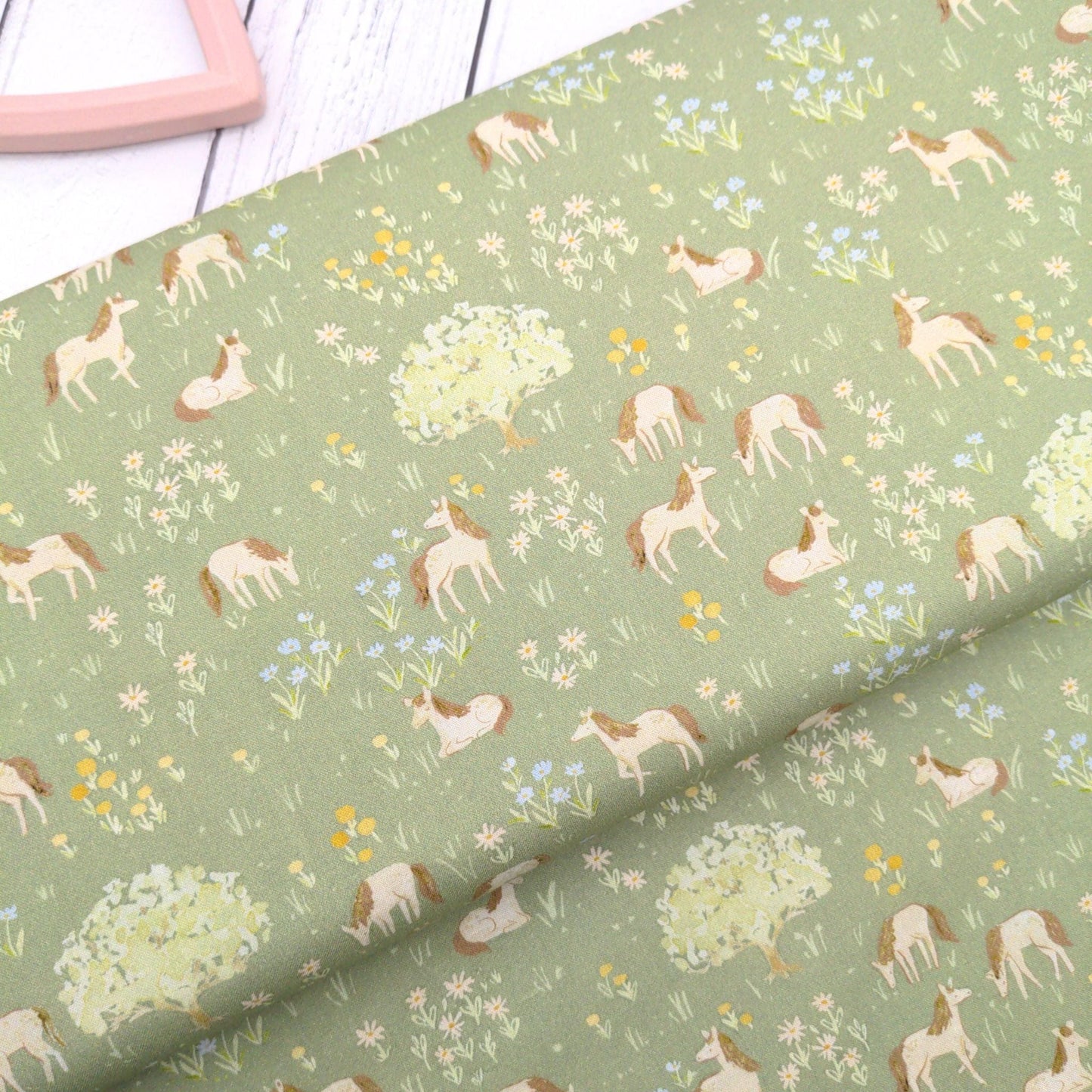 Fabric Ponies on a green cotton fabric - Storybook Farm - Dear Stella