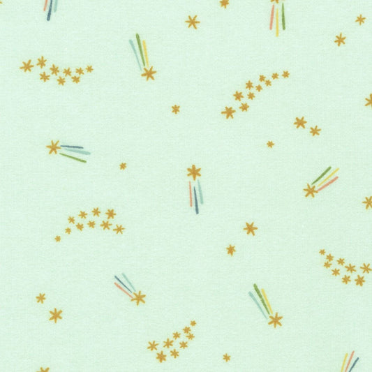 Fabric Shooting stars on green brushed cotton flannel - Over the Moon Cozy Cotton - Robert Kaufman
