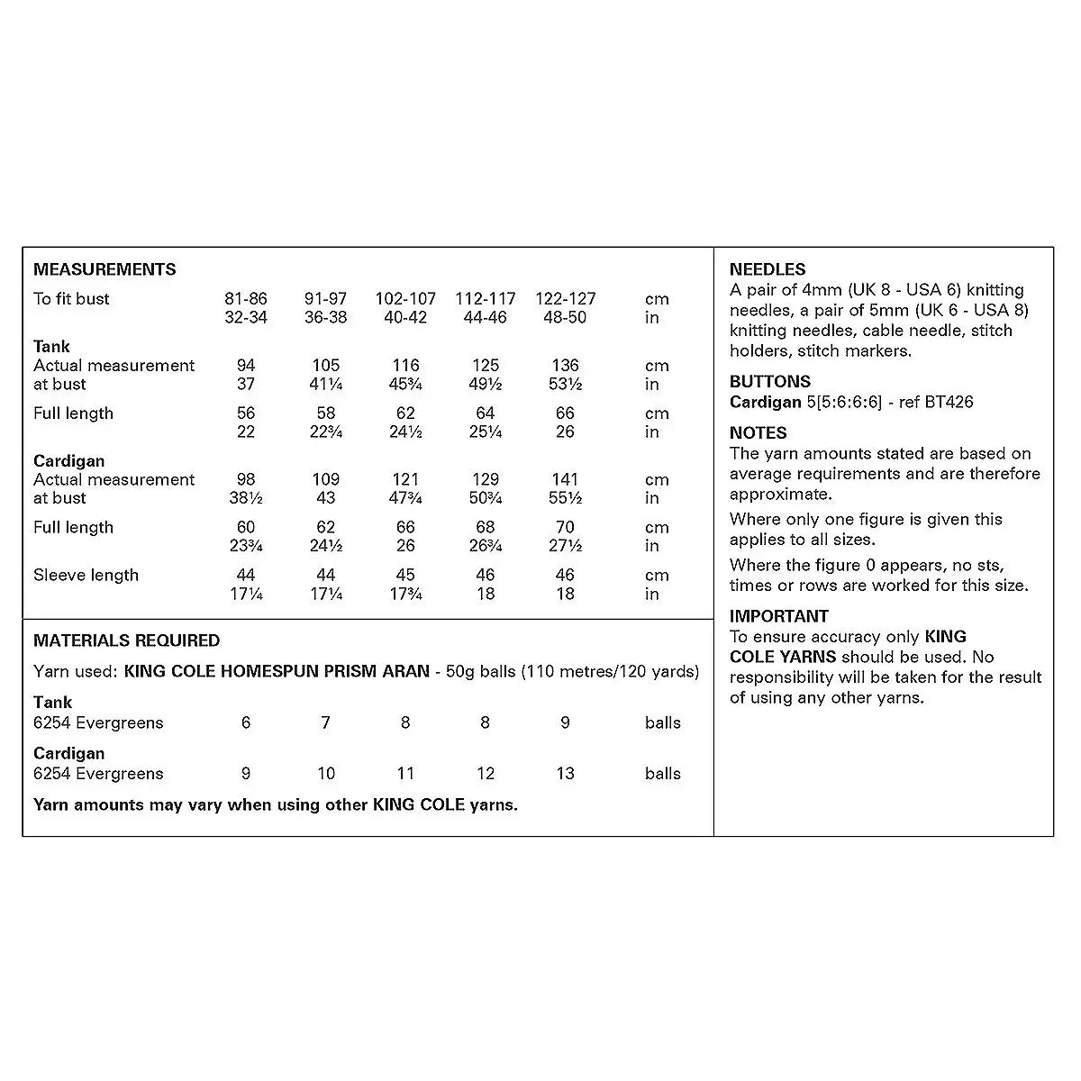 Tank and Cardigan knitting pattern in Aran - King Cole 6310