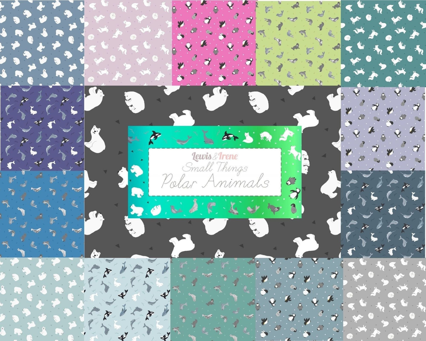 Fabric Arctic fox on iced teal with pearl on cotton fabric - 'Polar Animals' Lewis & Irene