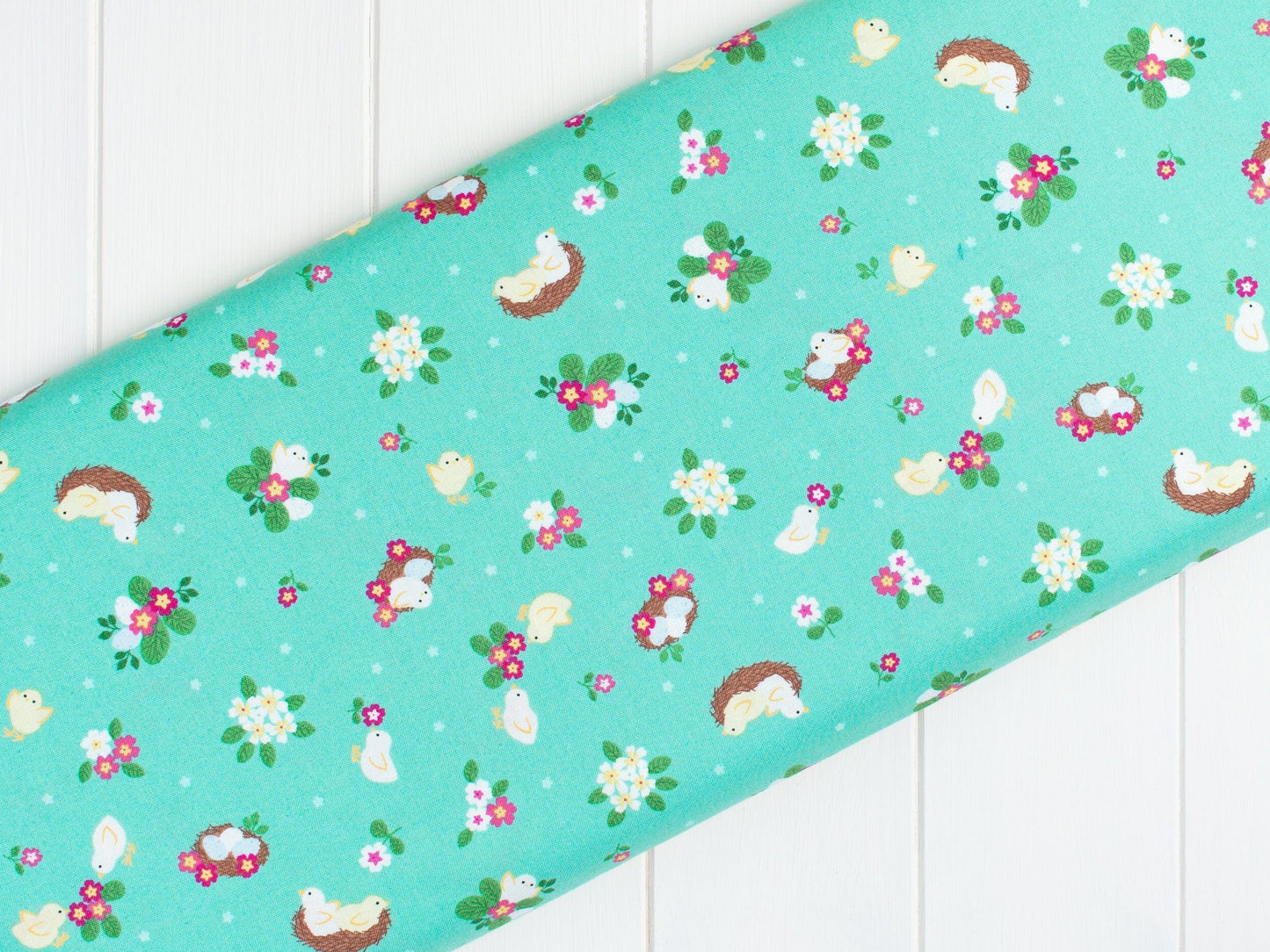 Fabric Chicks Nests Eggs and Floral Grey/Purple quilting cotton fabric - Bunny Hop by Lewis & Irene