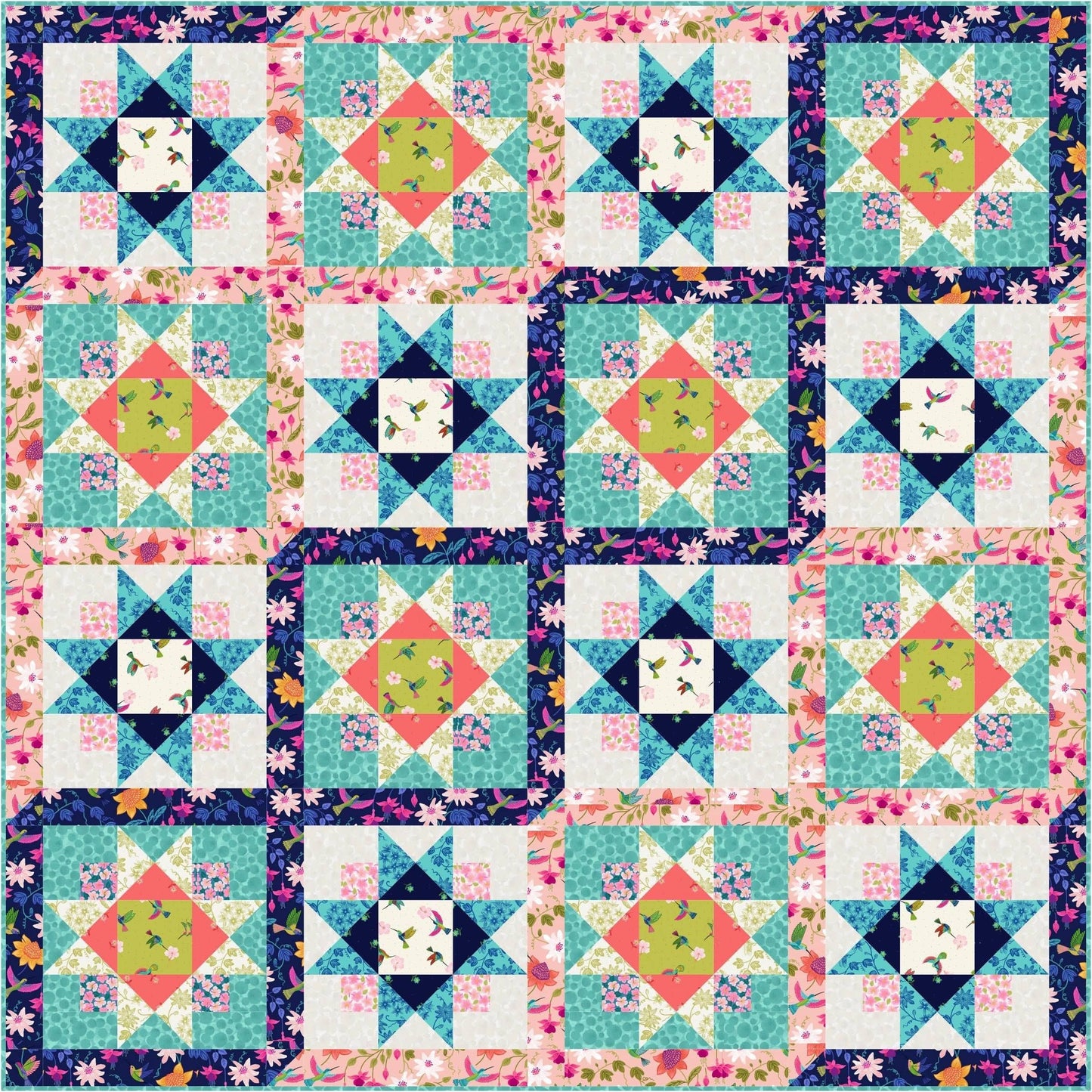 Fabric Daises on a cream cotton fabric 'Hibiscus Hummingbird'