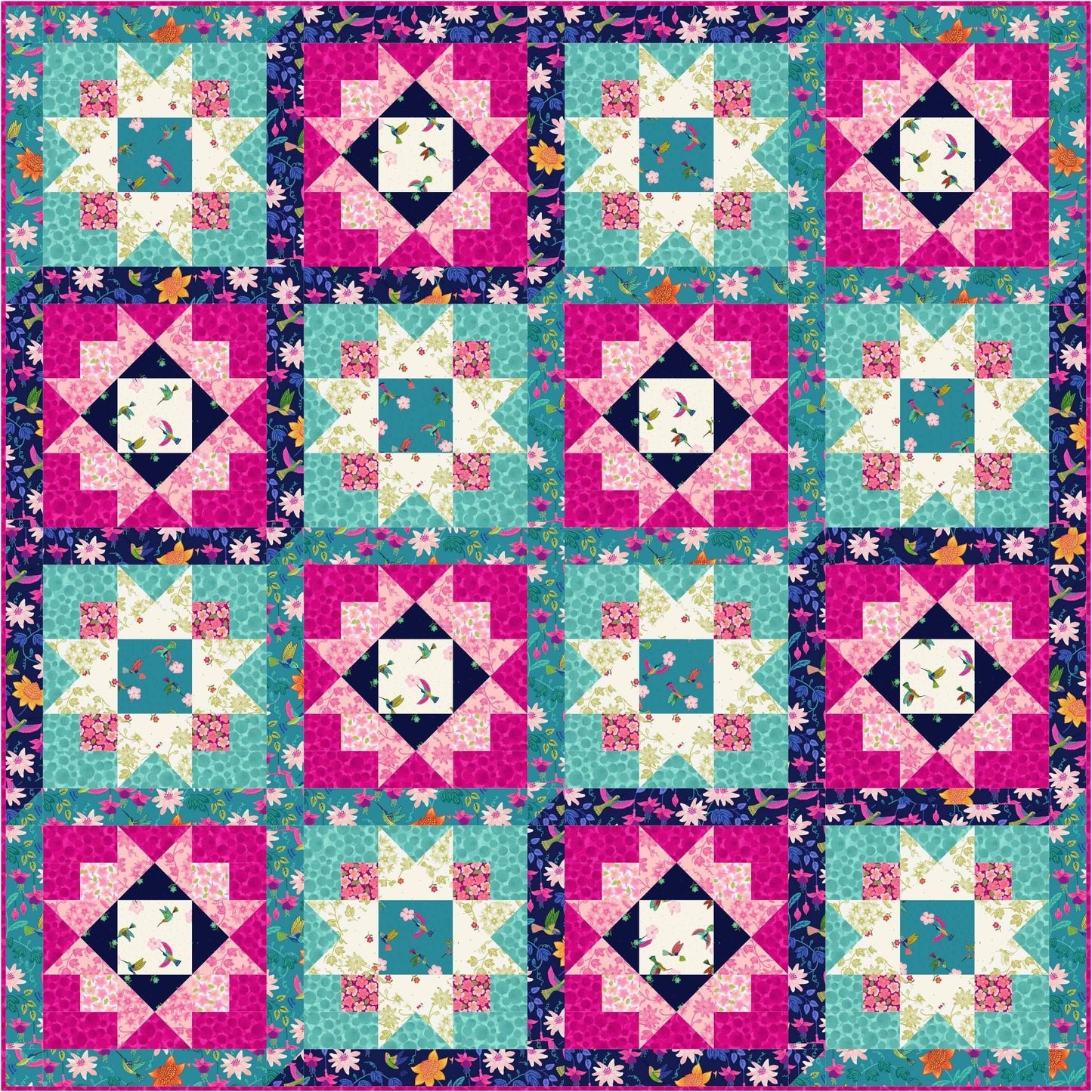 Fabric Daisies on coral fabric - 'Hibiscus Hummingbird' Lewis & Irene