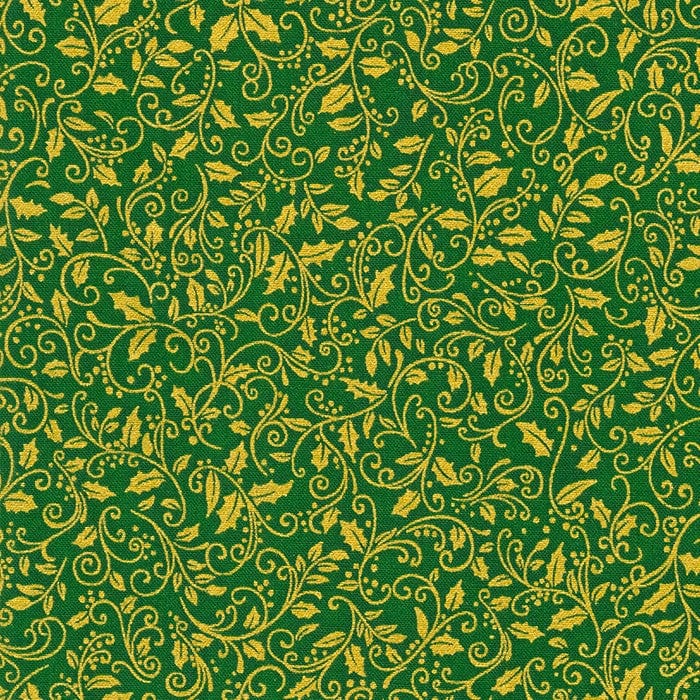 Fabric Gold Winter holly on dark green cotton fabric - Robert Kaufman