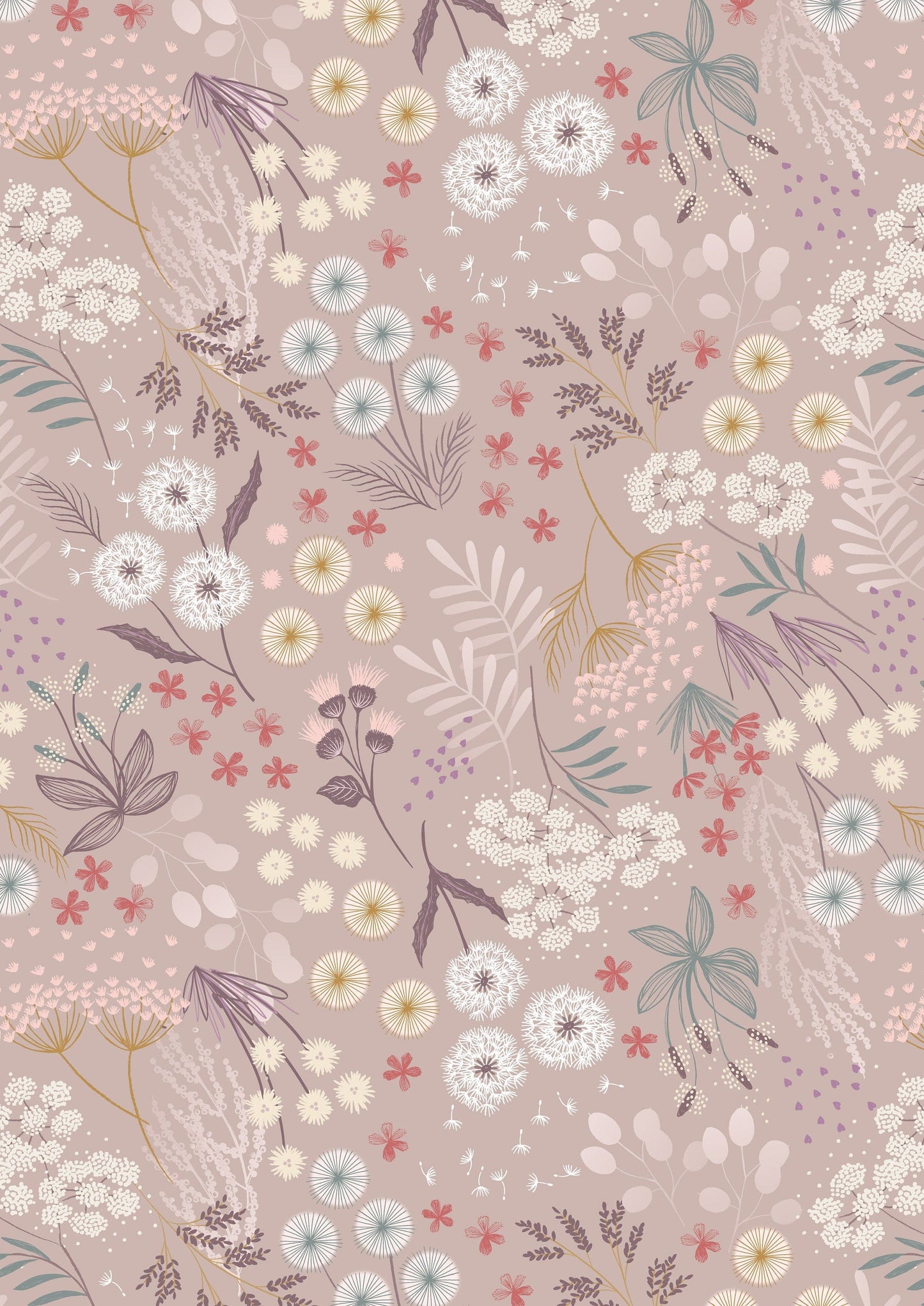 Fabric Plants and dandelion brown cotton fabric - Fairy Clocks by Lewis & Irene