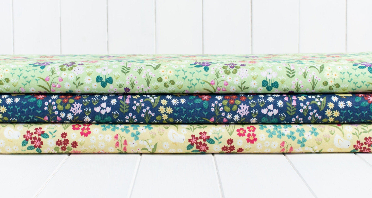 Fabric Rabbits and Chicks on dark blue floral quilting cotton fabric - Bunny Hop by Lewis & Irene