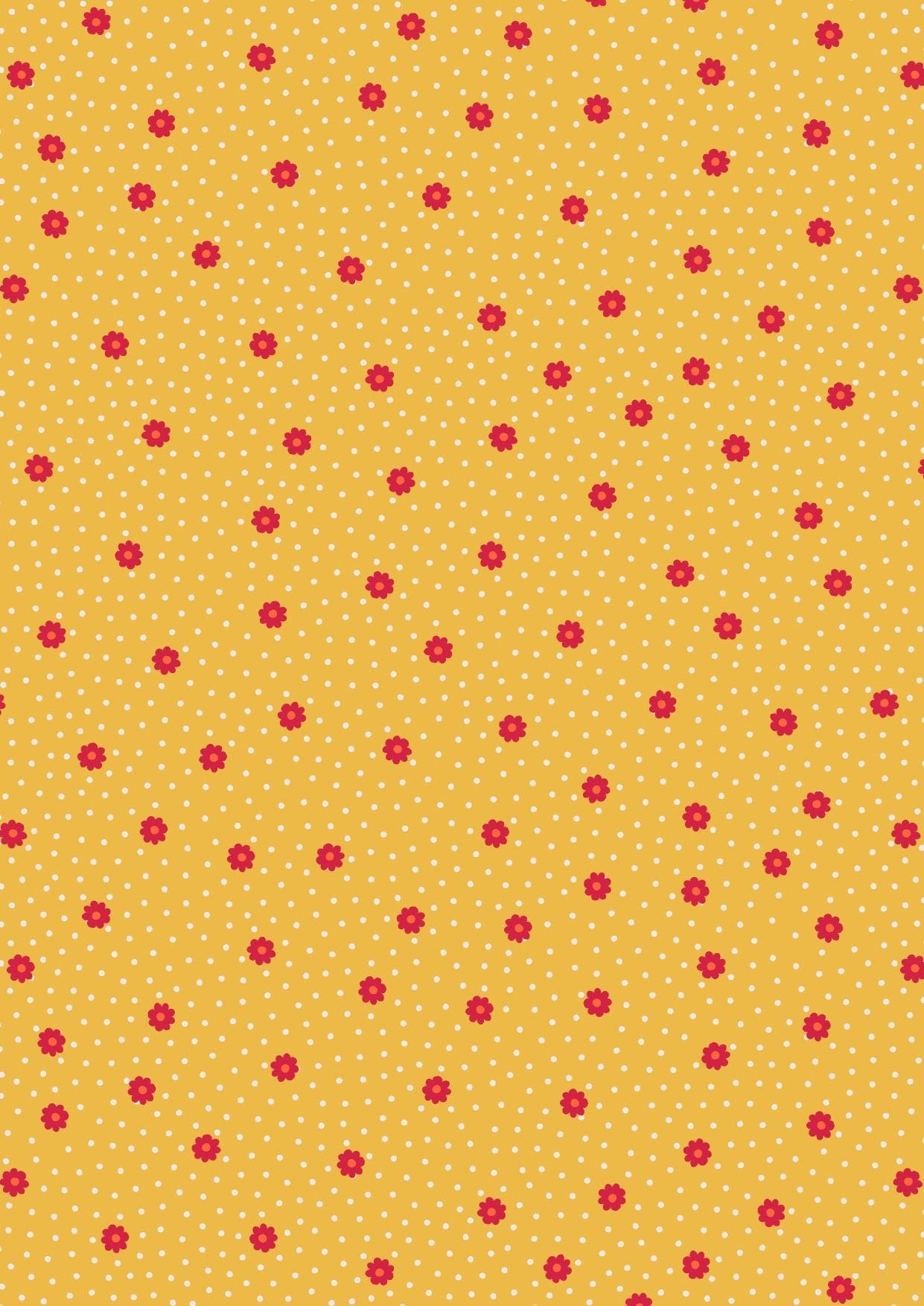Fabric Red Daisy Flowers Polka Dot on Yellow 100% cotton fabric - Little Matryoshka by Lewis & Irene