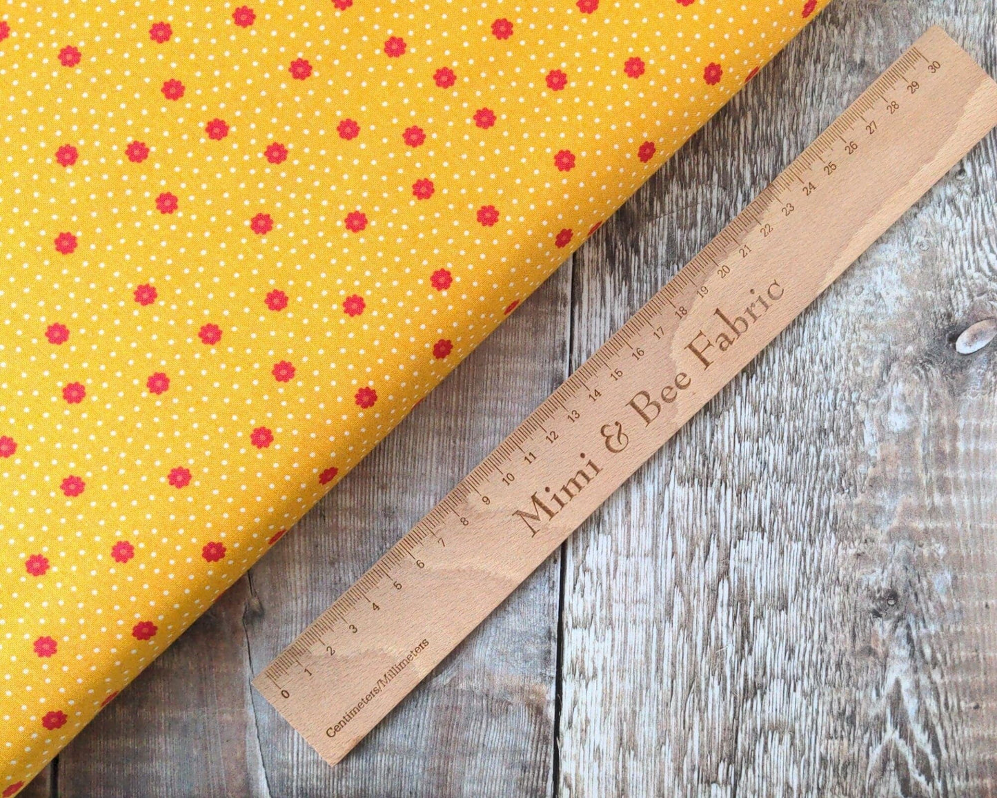 Fabric Red Daisy Flowers Polka Dot on Yellow 100% cotton fabric - Little Matryoshka by Lewis & Irene