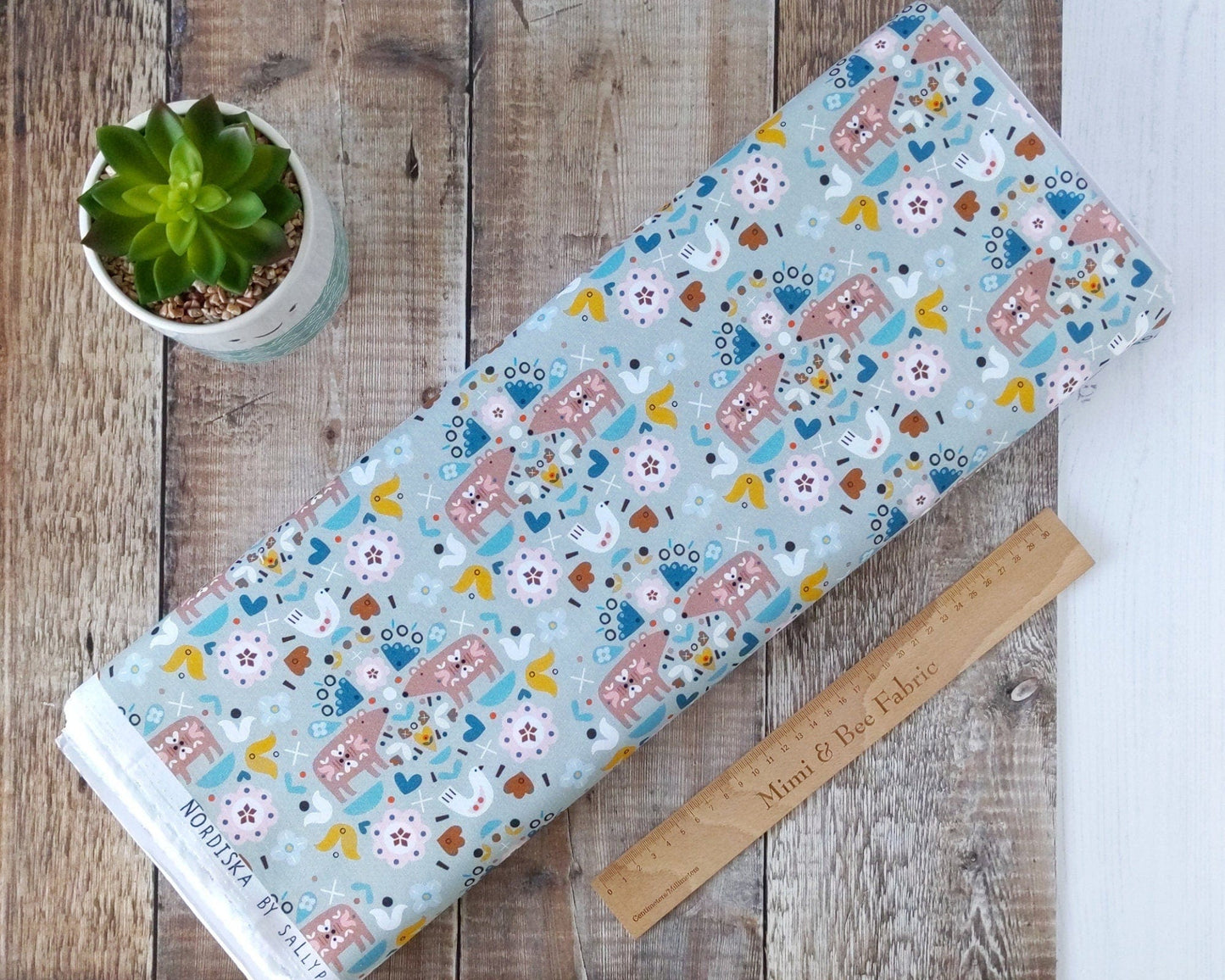 Fabric Scandi Nordic bears and birds on pale blue floral 100% cotton quilting fabric - Nordiska by Dashwood Studio