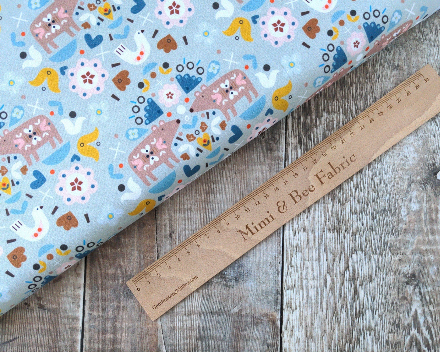 Fabric Scandi Nordic bears and birds on pale blue floral 100% cotton quilting fabric - Nordiska by Dashwood Studio