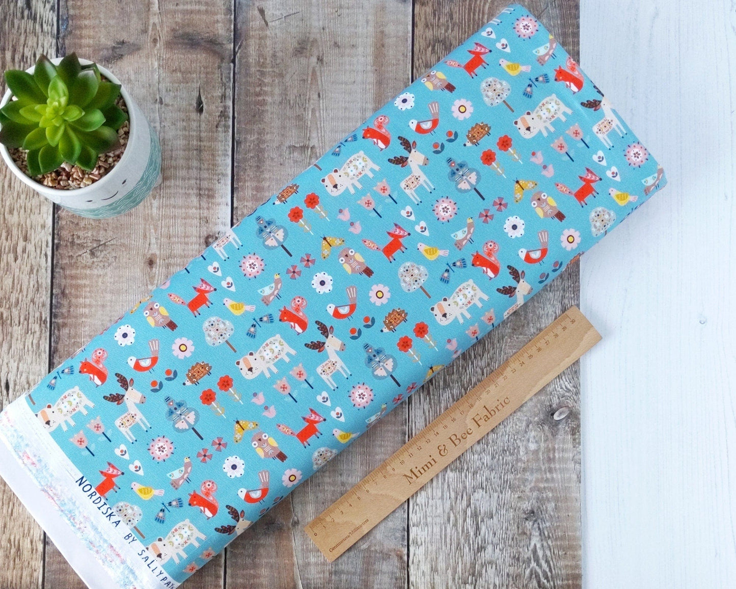 Fabric Scandi Nordic woodland animals on blue 100% cotton quilting fabric - Nordiska by Dashwood Studio