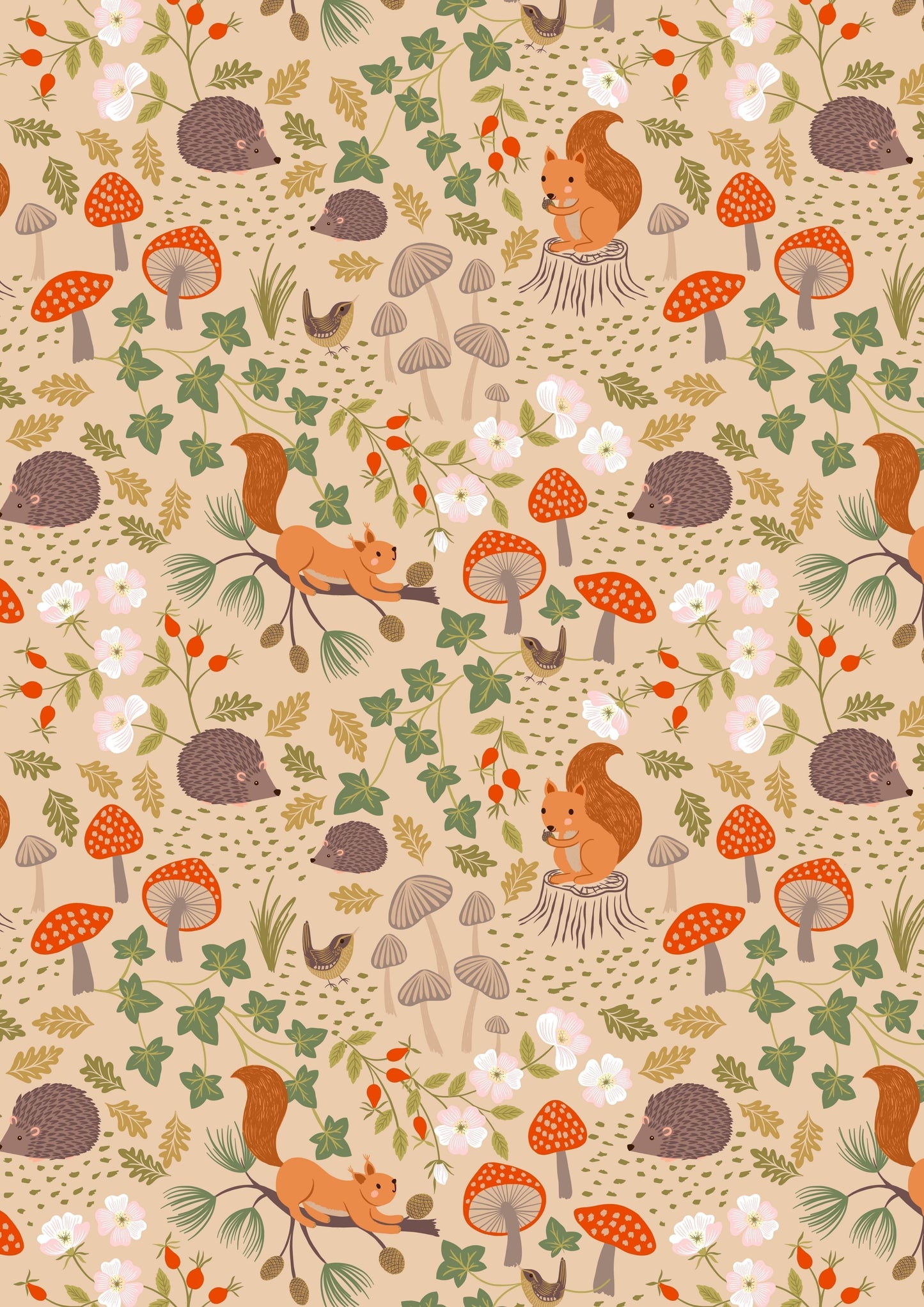 Fabric Toadstools on rust cotton fabric - Evergreen - Lewis & Irene