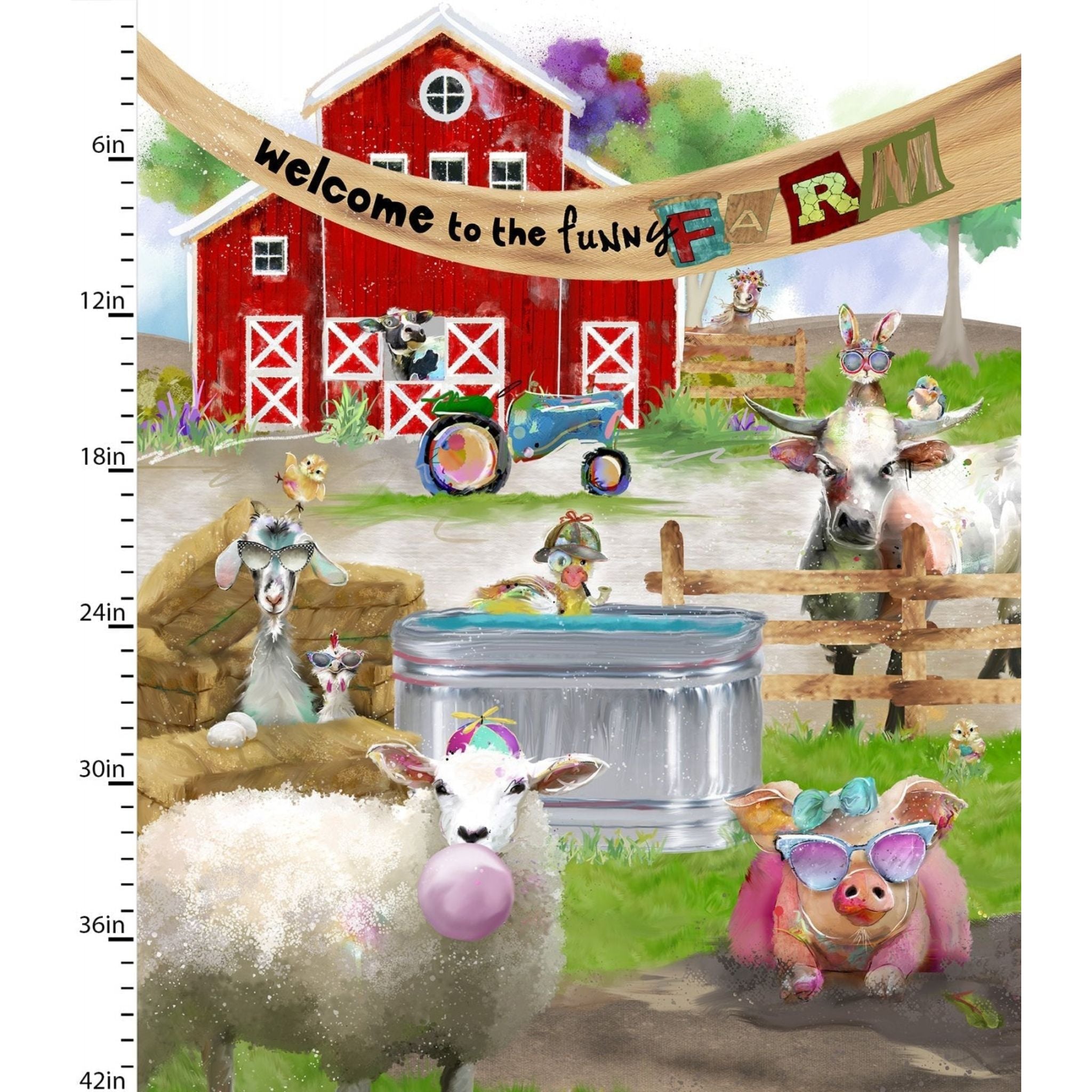 Funny farm animals panel with a banner saying Welcome to the Funny Farm from 3 Wishes