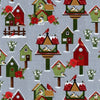 Bird houses and birds in winter on a grey cotton fabric from the Frozen in Time collection by Henry Glass
