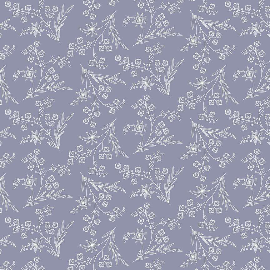 White outlines of flowers on a violet cotton fabric - Abloom by Makower
