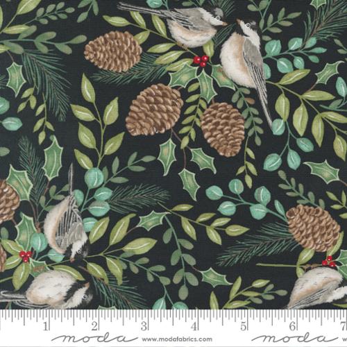 Coal tit birds and foliage on black cotton fabric - Holidays at Home by Moda