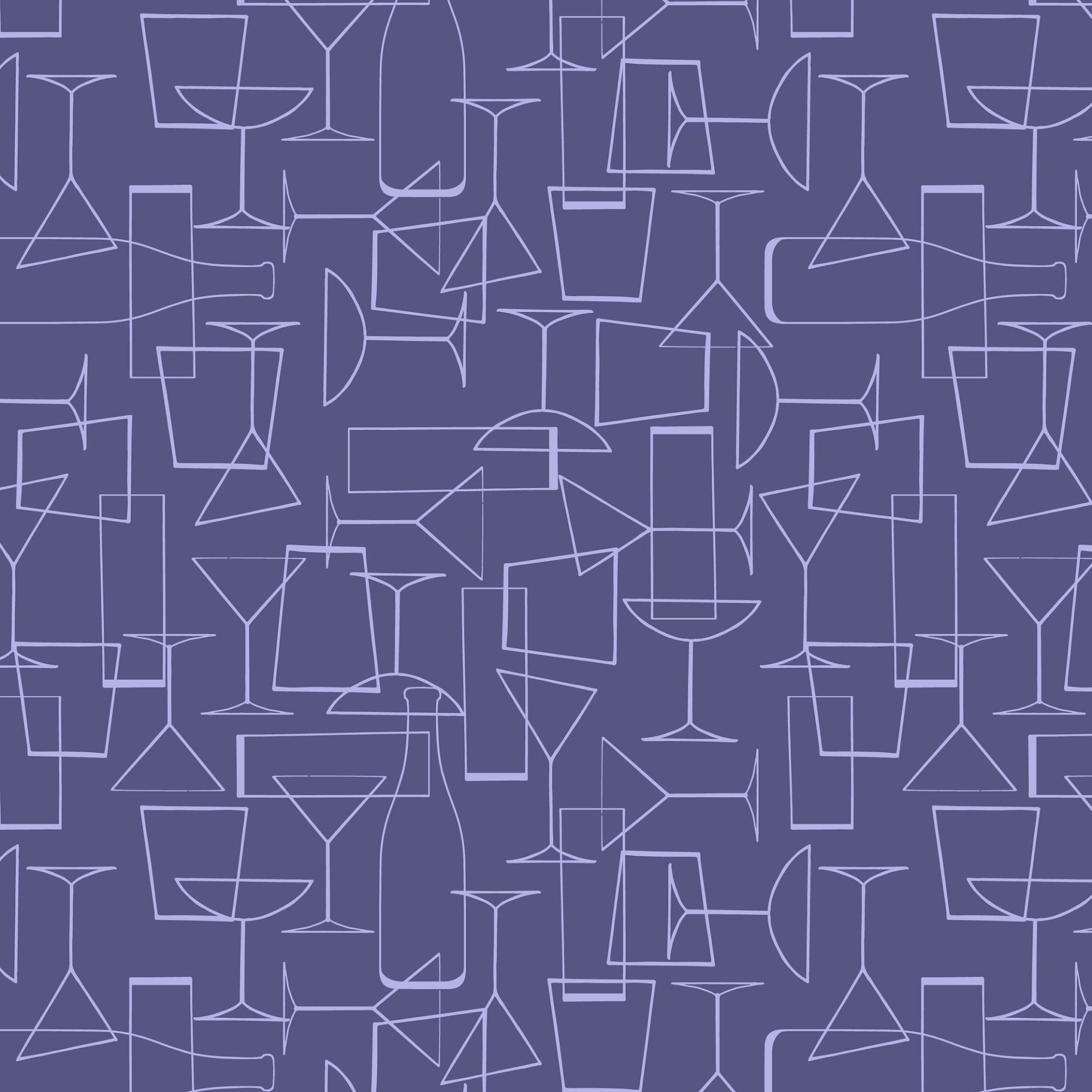 Cocktails and glasses on purple cotton fabric - Cocktail Party by Lewis and Irene