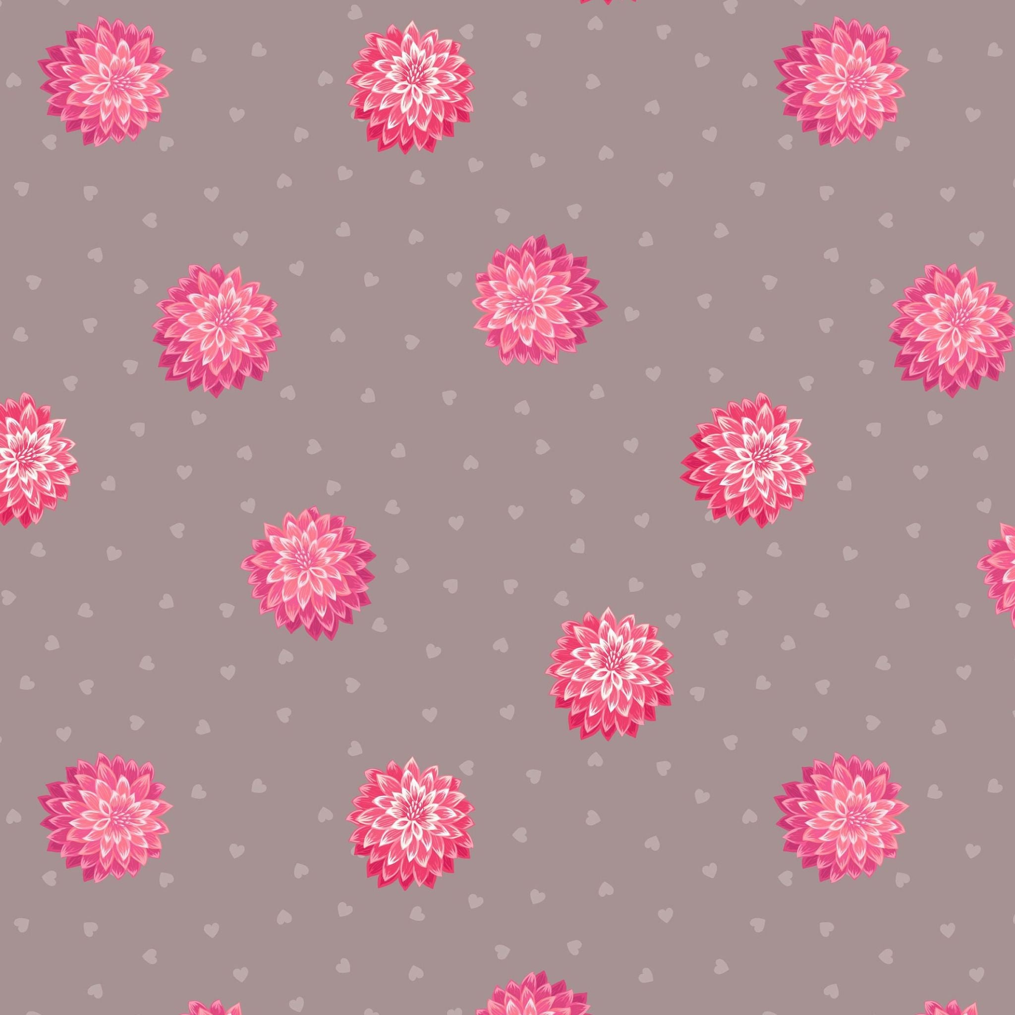 Pink dahlia flower heads on brown 100% cotton fabric - Love Blooms by Lewis and Irene