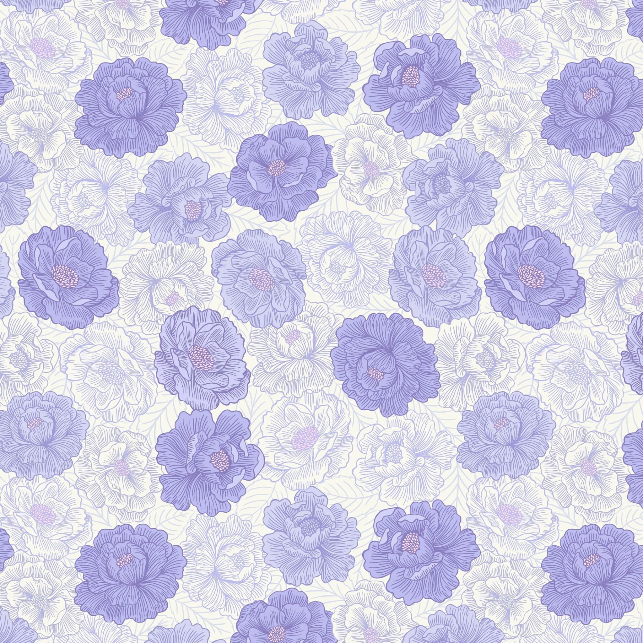 Blue purple peony's on a blue cotton fabric - Love Blooms by Lewis and Irene
