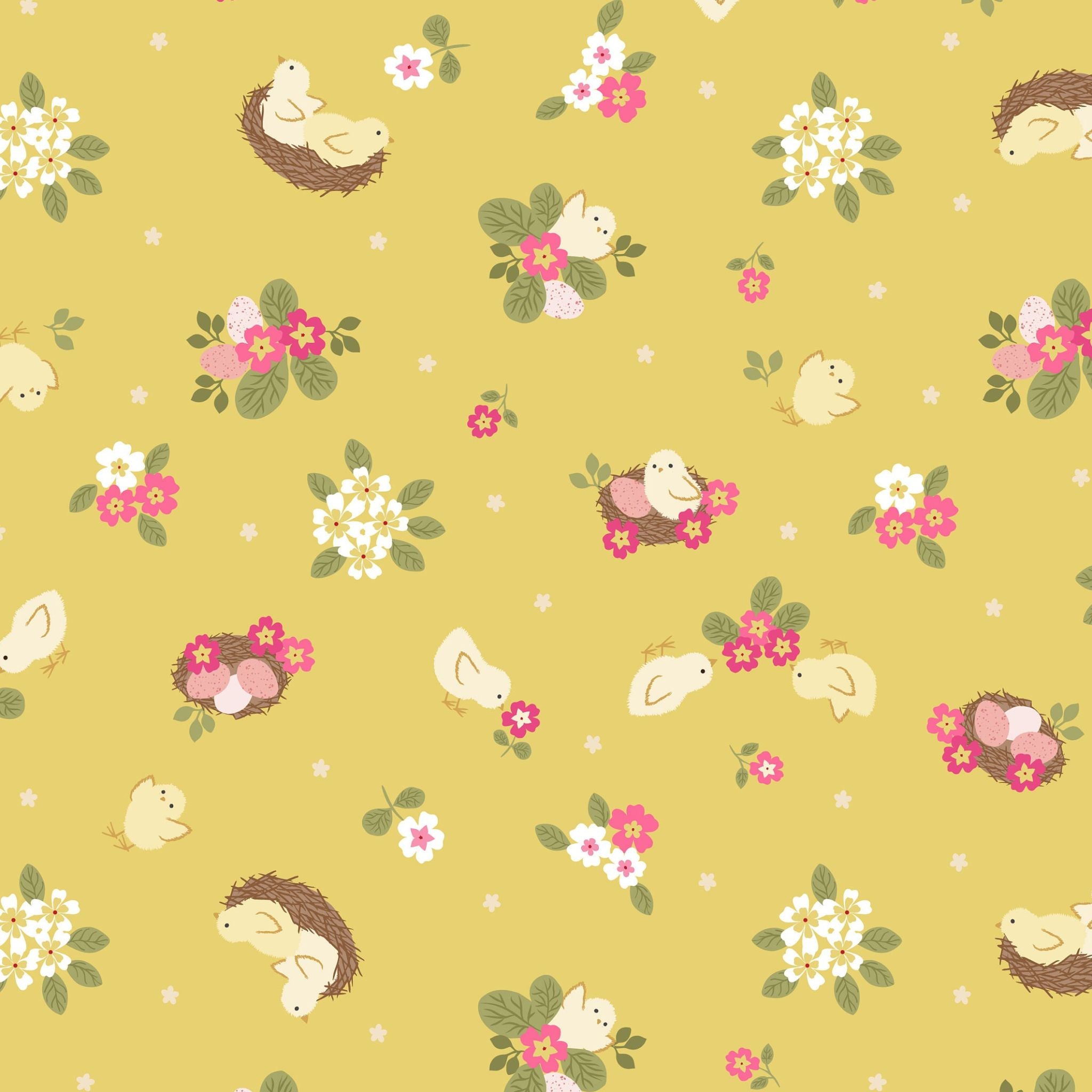 Chicks and nests on a floral yellow cotton fabric - Bunny Hop by Lewis and Irene.