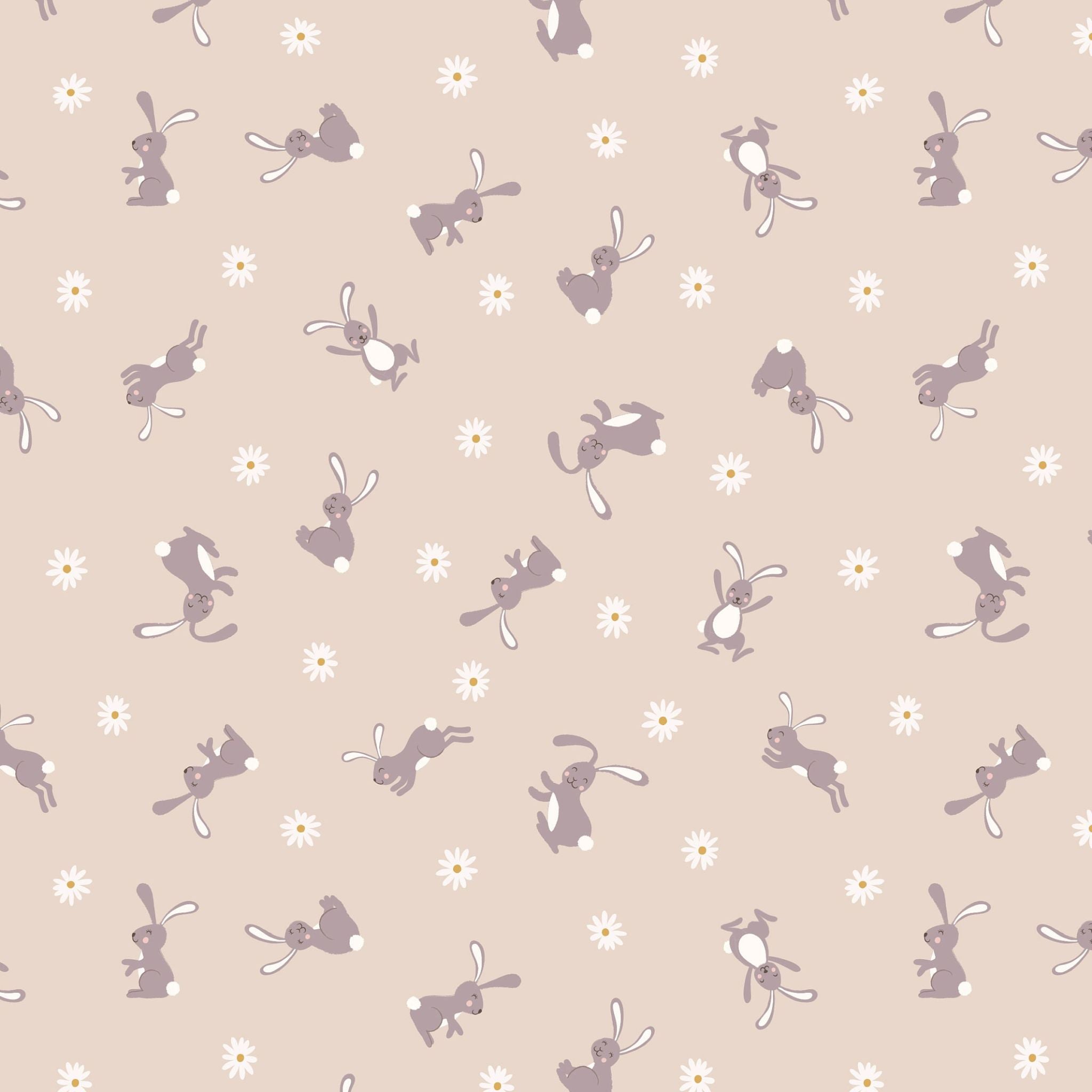 Bunny rabbits and daisies on dark cream cotton fabric by Lewis and Irene