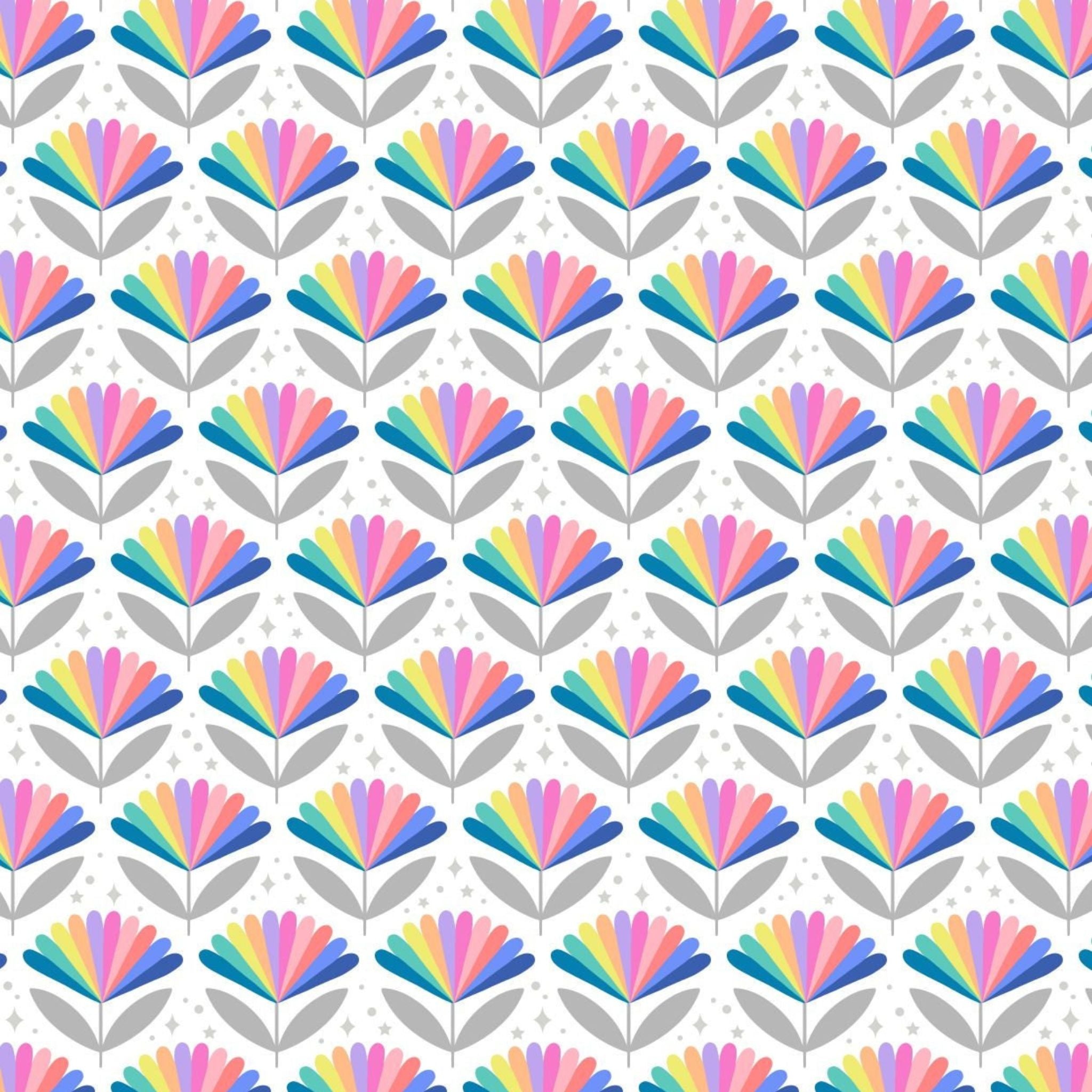 Pastel rainbow retro flower on white cotton fabric - Over the rainbow by Lewis and Irene