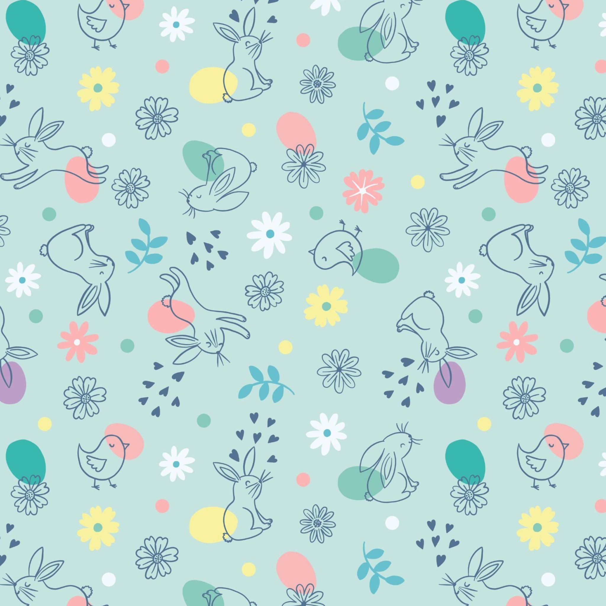 Chicks, eggs and bunnies on blue cotton fabric - Spring Treats by Lewis and Irene