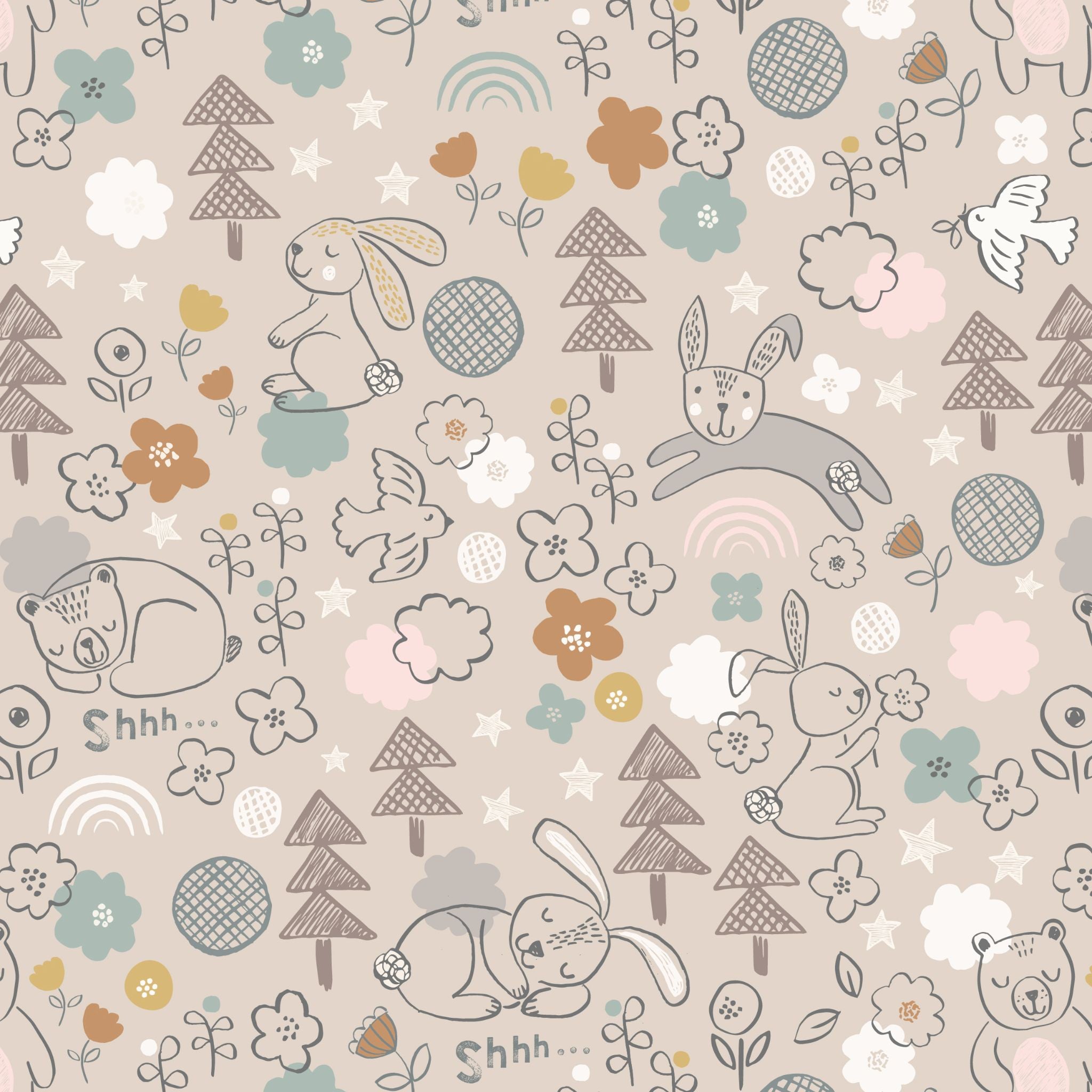 Rabbits and Bears on beige 100% cotton fabric - Bella Bunny & Bear by Lewis & Irene