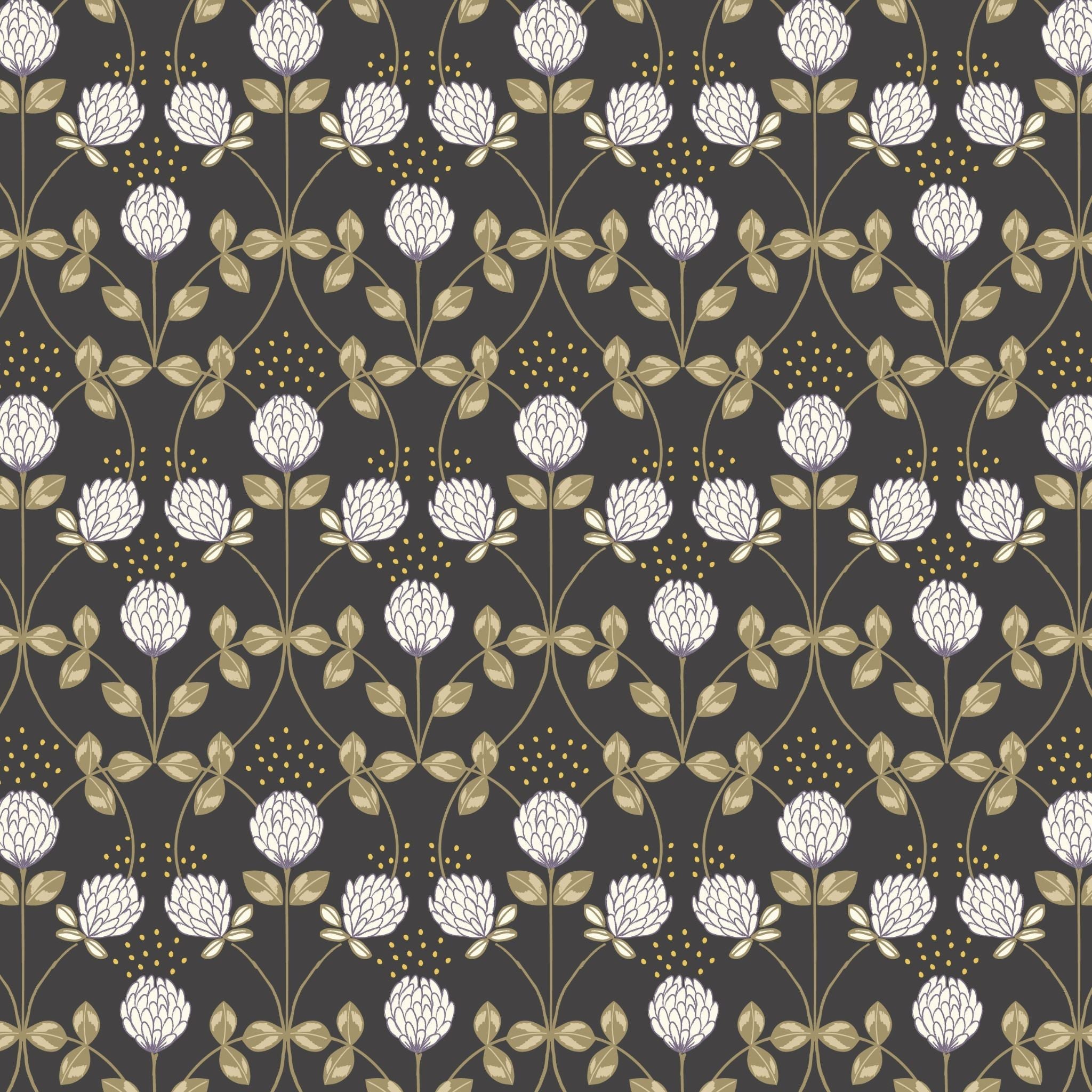 Clover on charcoal with gold metallic cotton fabric - Honey Bee by Lewis & Irene A653.3