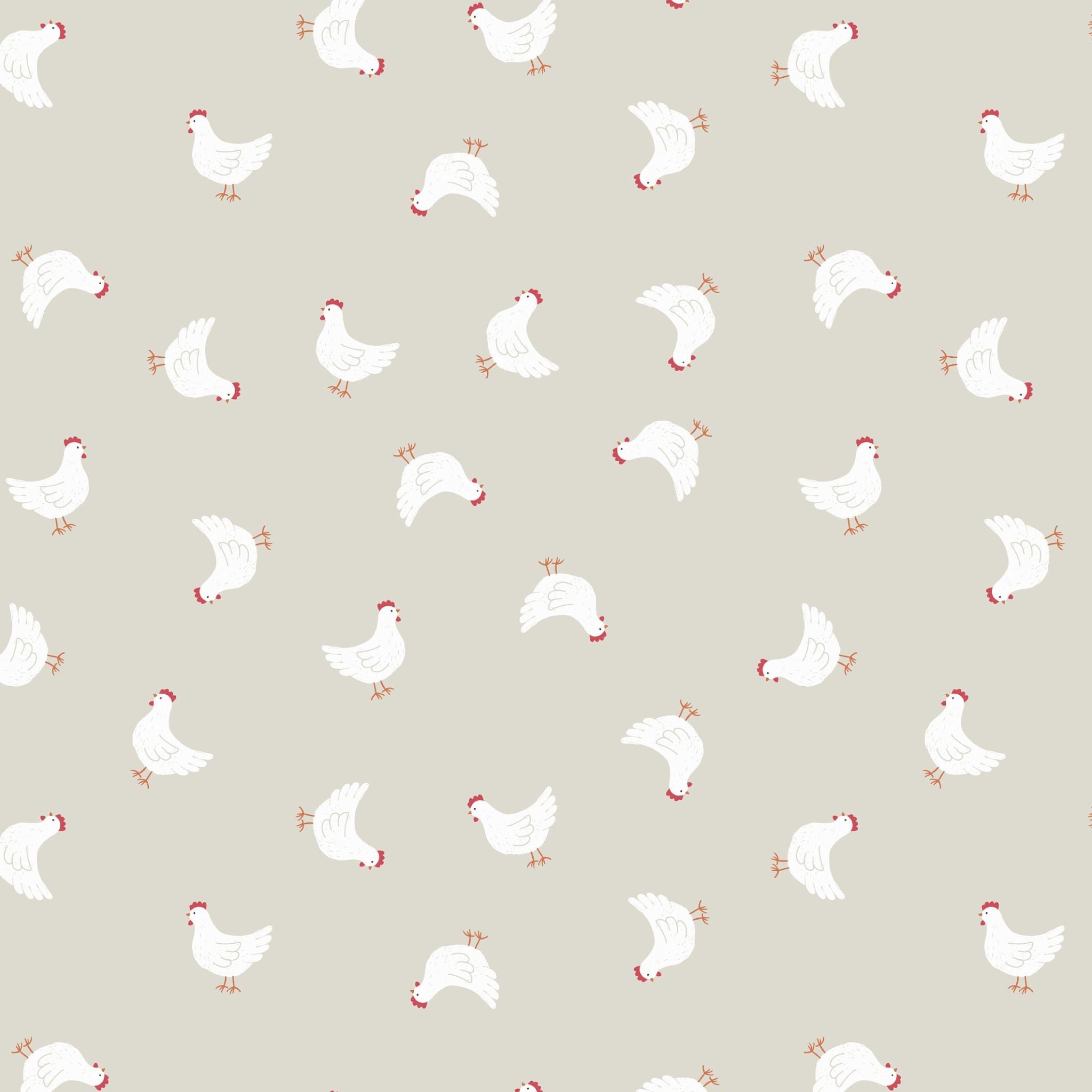 White chickens on light beige cotton fabric - country Life Reloved by Lewis and Irene