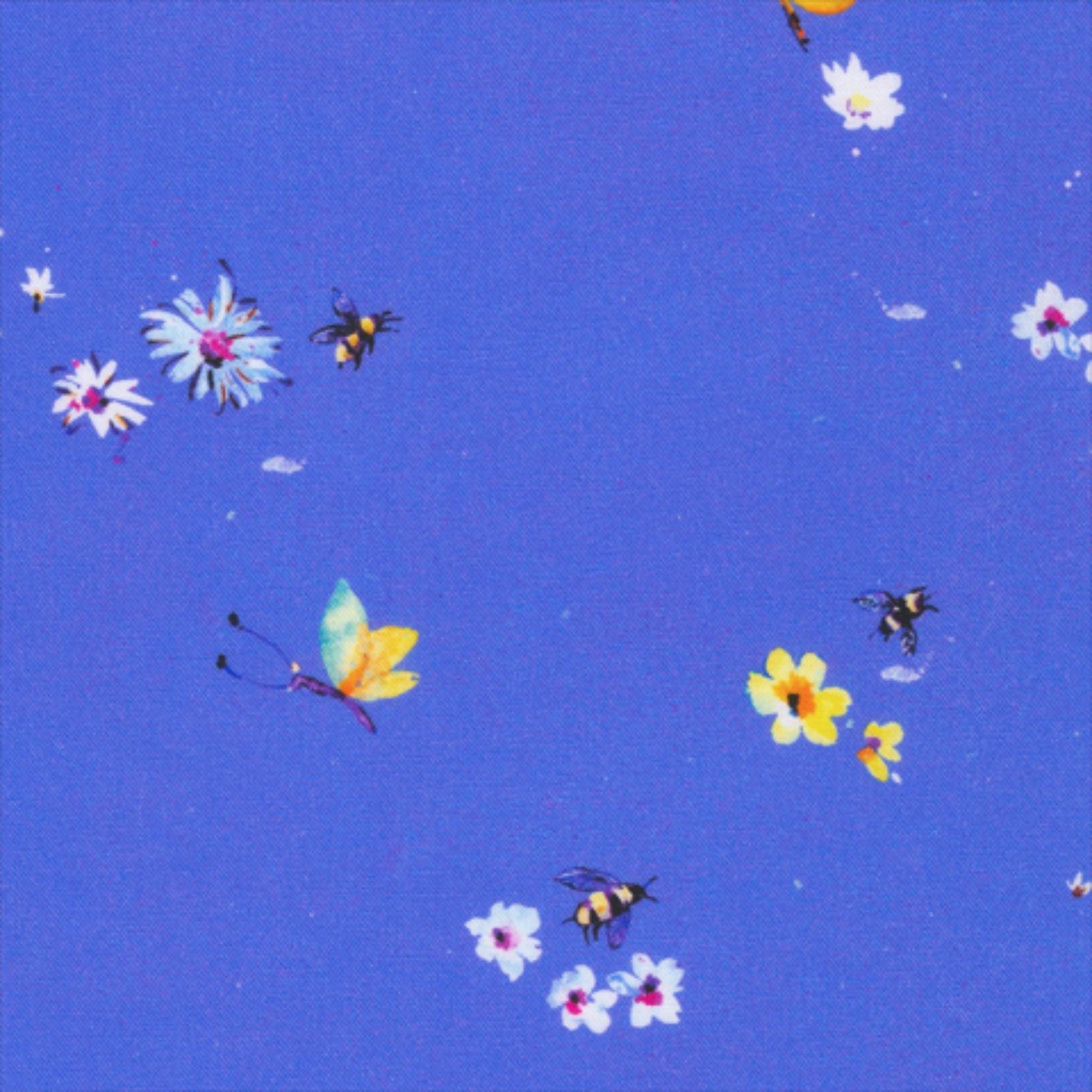 Butterflies, dragonflies and flowers on purple cotton fabric