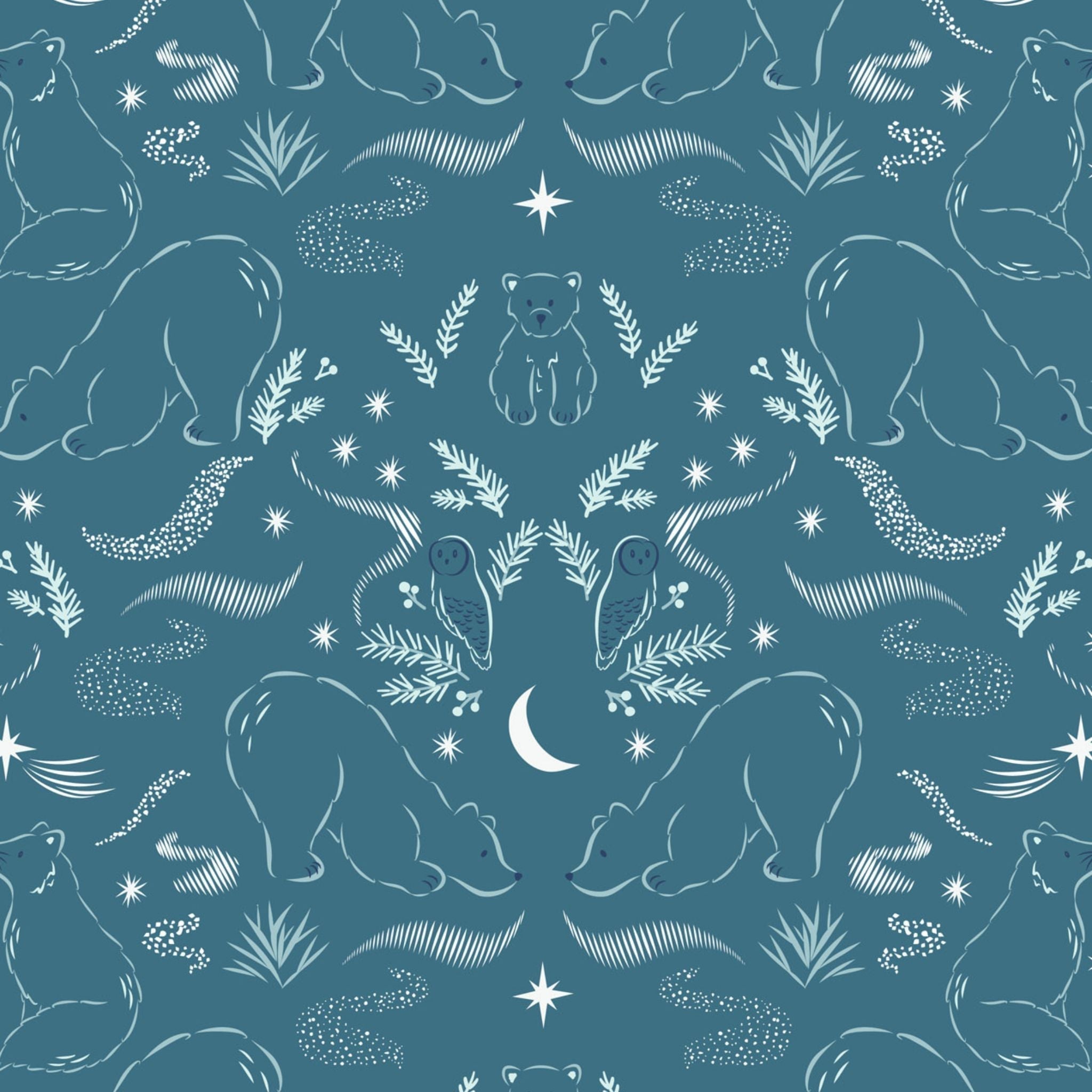 Polar bears, owls and arctic fox on teal cotton - Arctic Adventure by Lewis and Irene