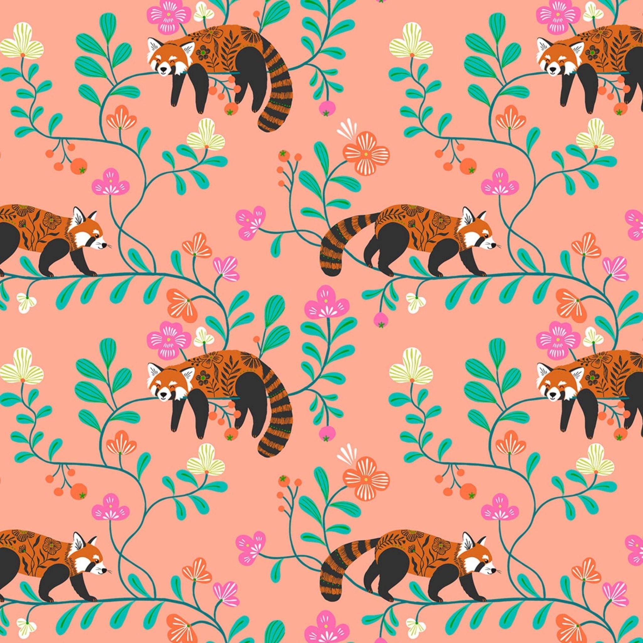 Red pandas on a coral Chinese inspired cotton fabric - Blossom Days - Dashwood Studio