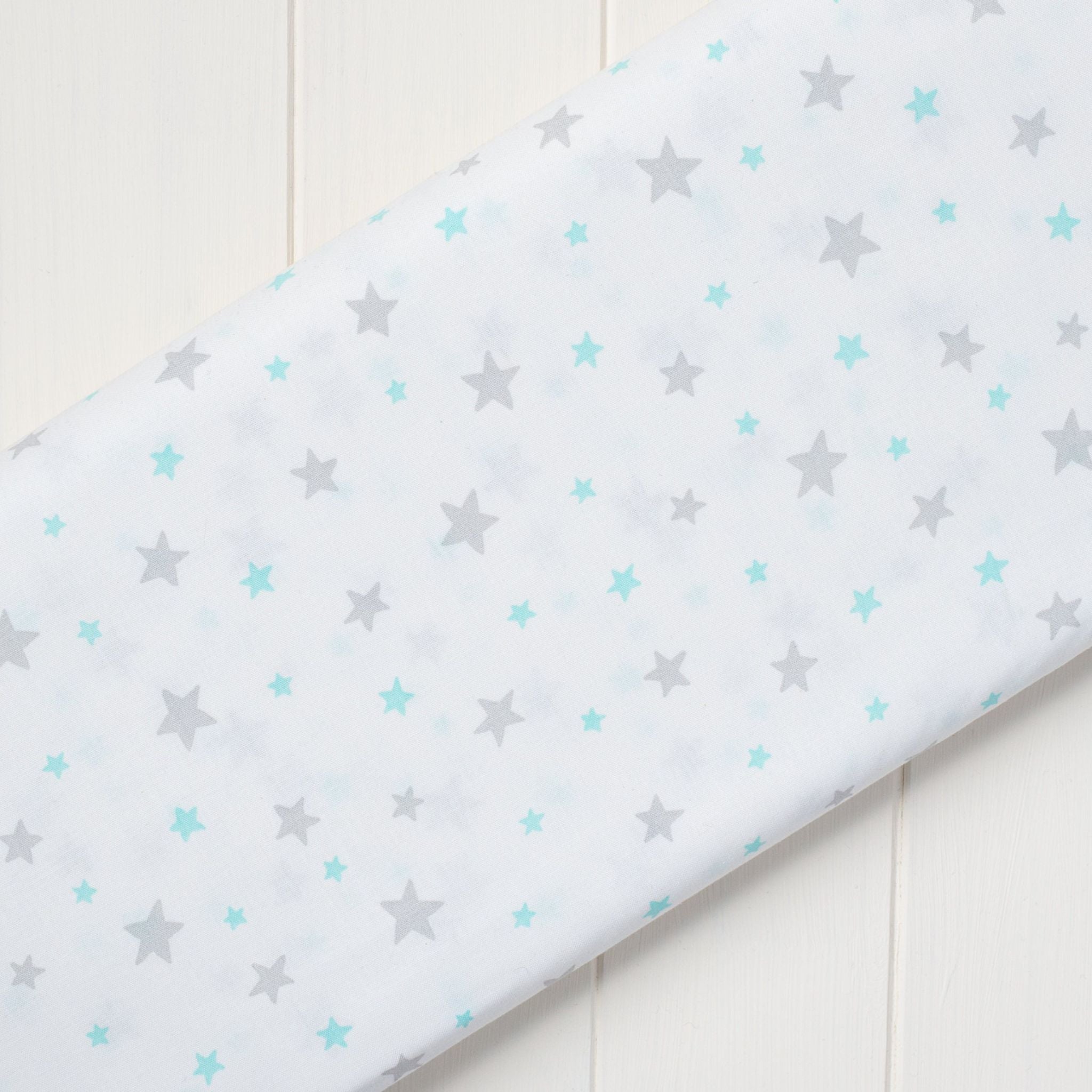 Blue and grey stars on white cotton fabric - 'Good Night' Fabric Editions
