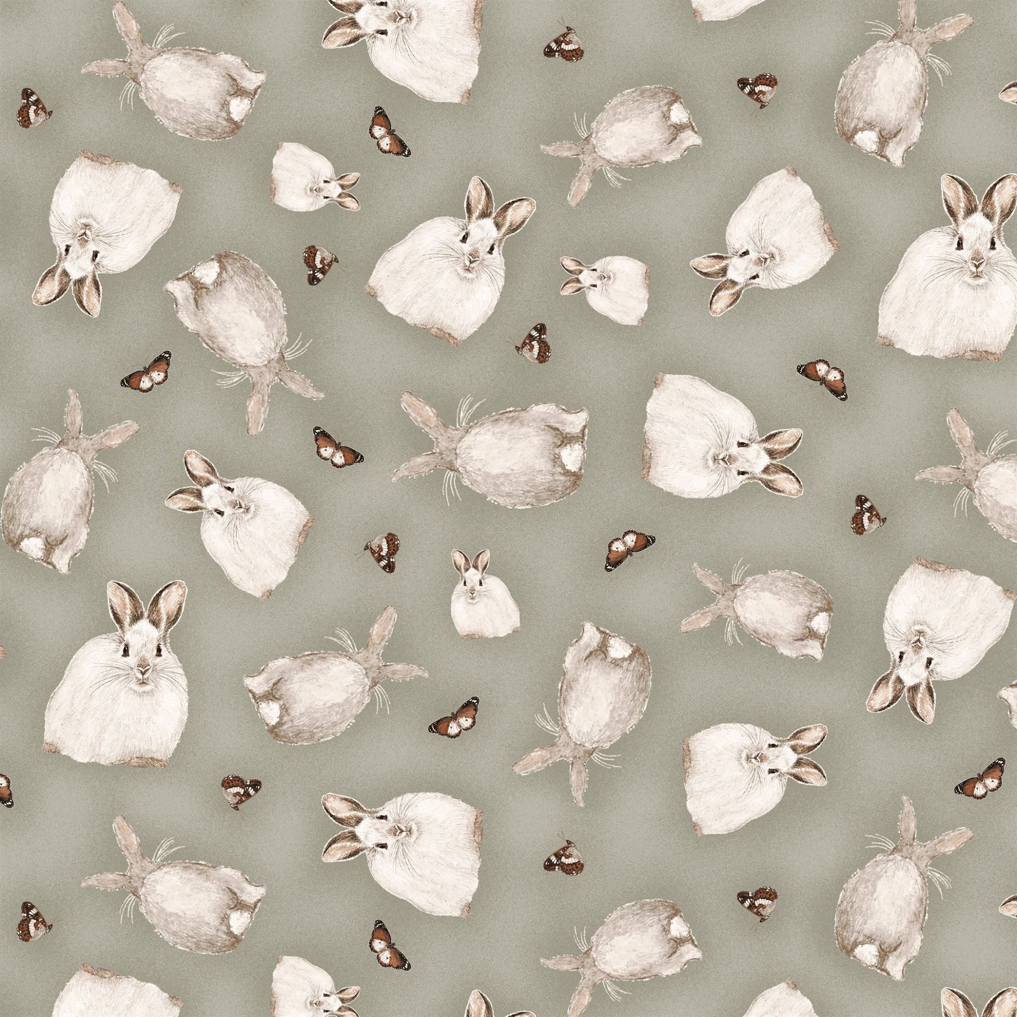 White bunny rabbit and butterflies on a grey cotton fabric - Henry Glass 448-90