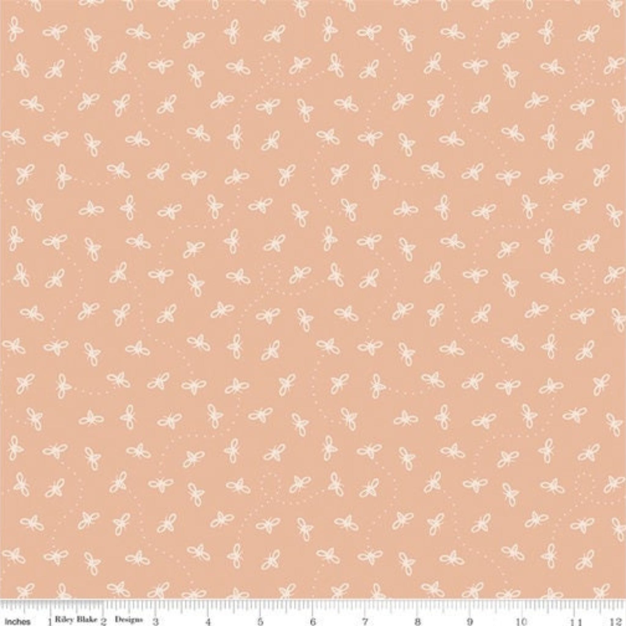 White silhouette bees on coral pink cotton fabric - Harmony by Riley Blake 