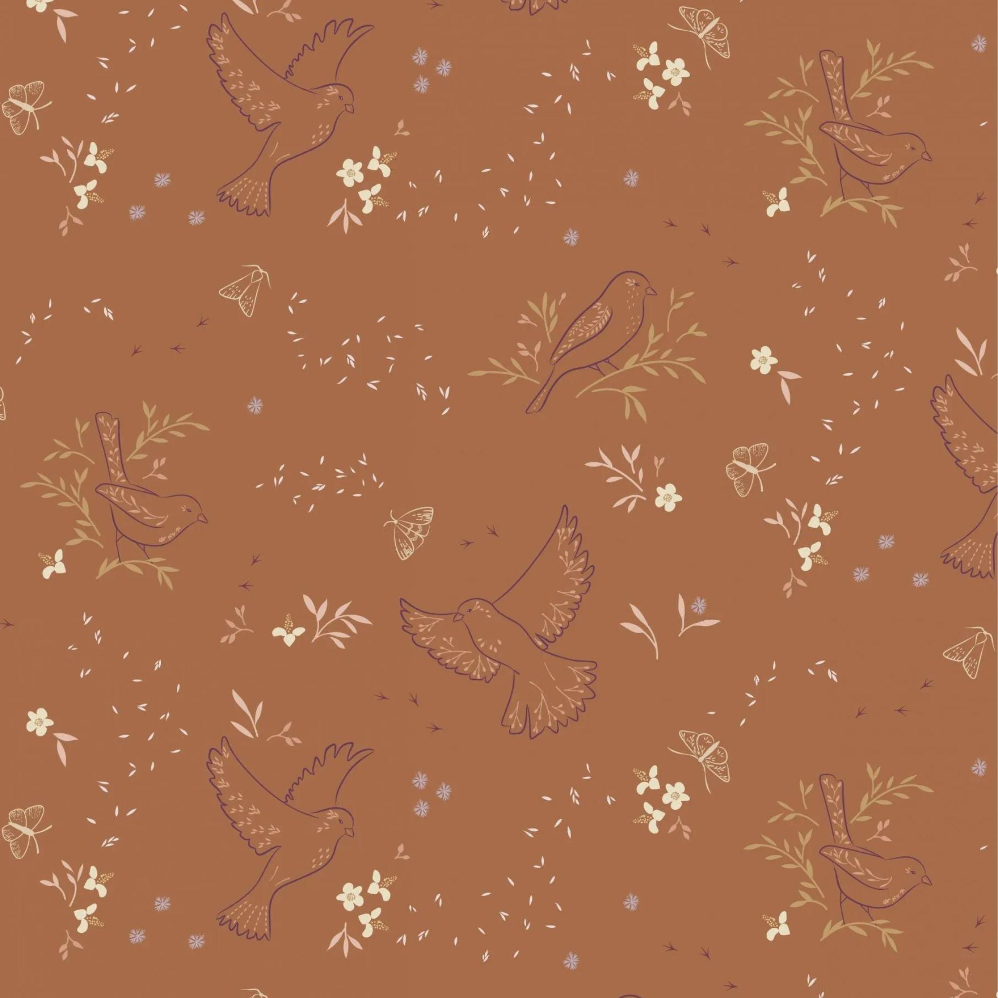 Birds and Seeds on Rusty Orange cotton fabric - Meadowside by Lewis & Irene