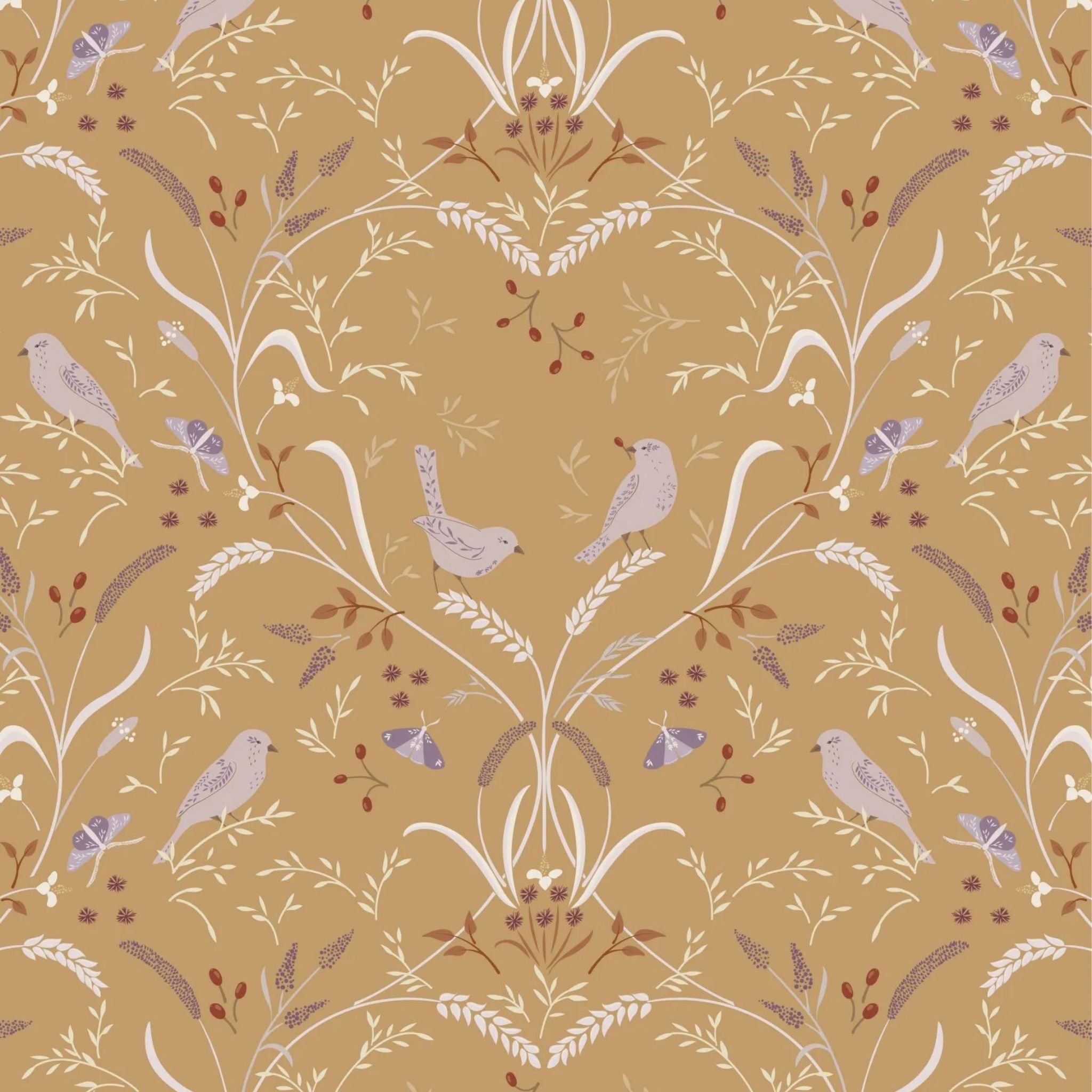 Birds and butterflies on a mustard yellow cotton fabric - Meadowside by Lewis and Irene